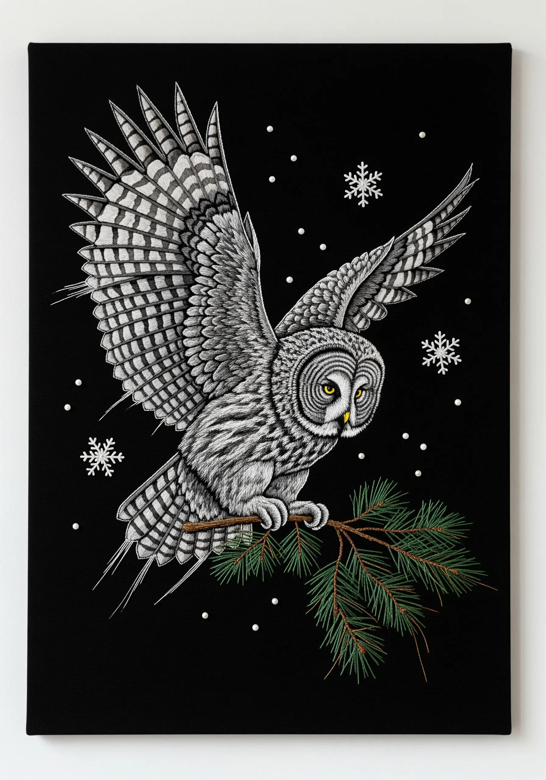 A highly detailed owl in flight, stitched entirely in shades of grey, black, and white thread.