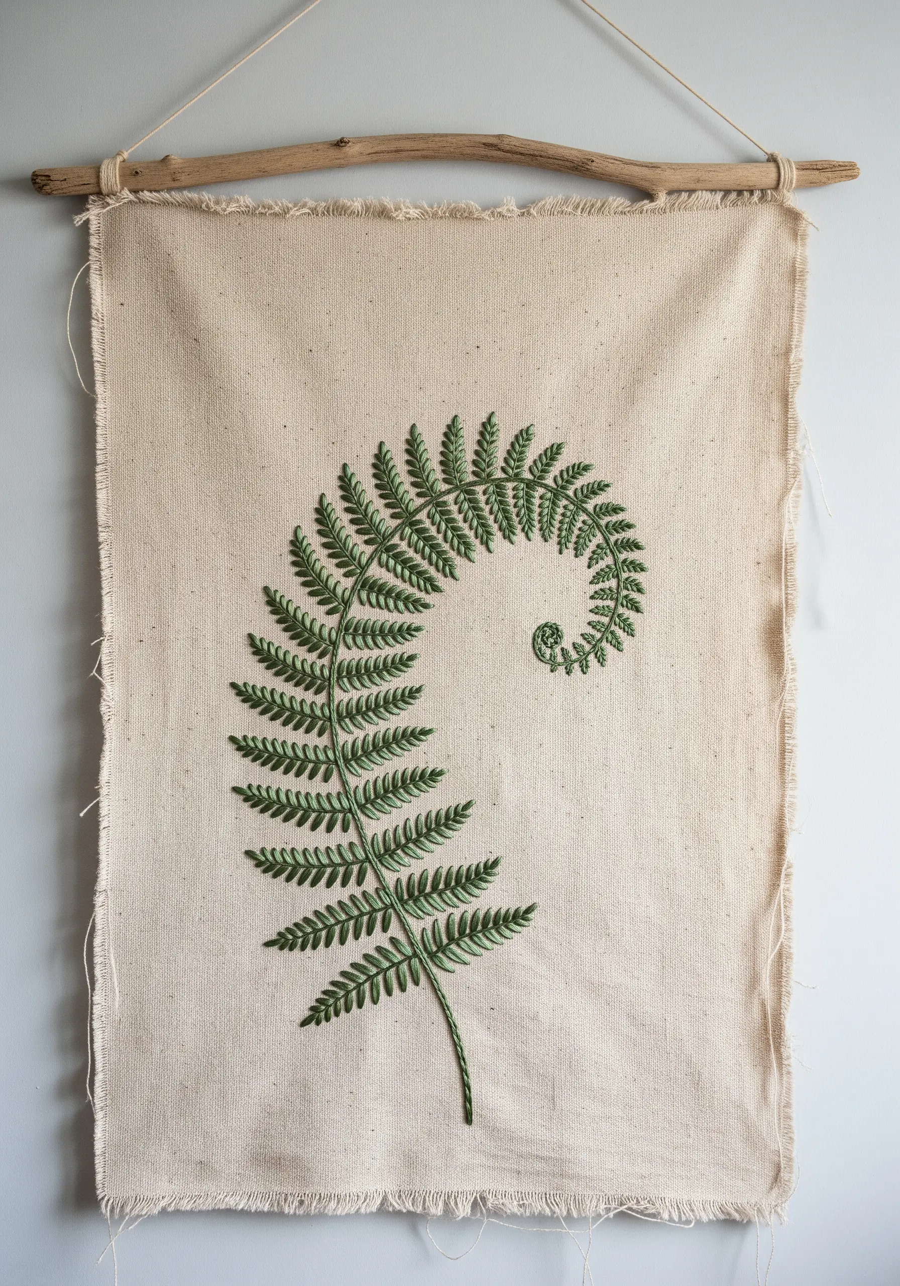 A large, detailed fern frond embroidered on a raw-edge canvas wall hanging.