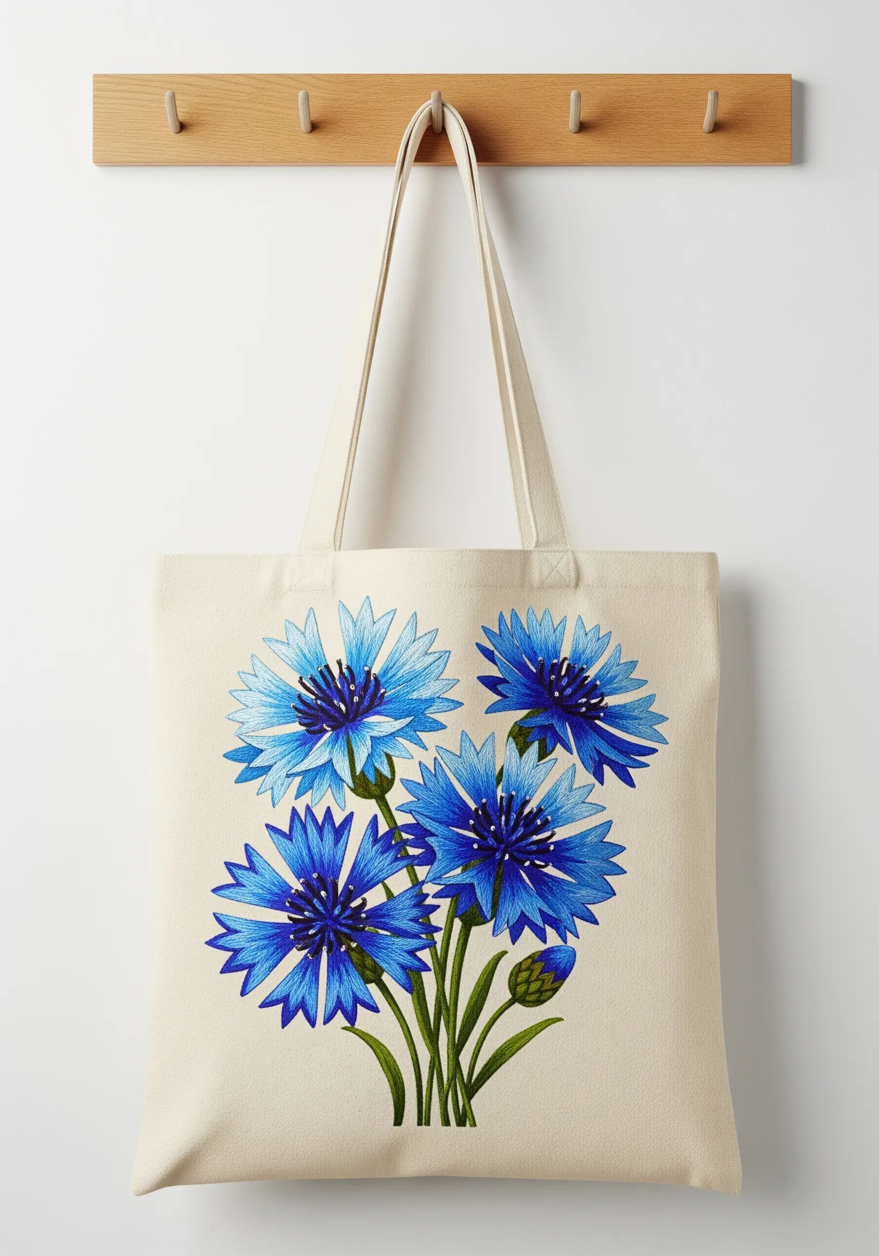 Vibrant blue cornflowers with blended petals embroidered on a canvas tote bag.