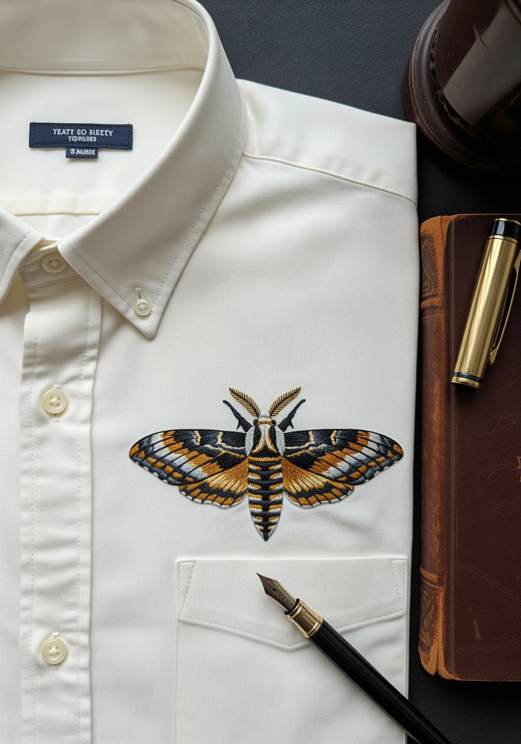 Detailed embroidery of a hawk-moth on the pocket of a white button-down shirt.