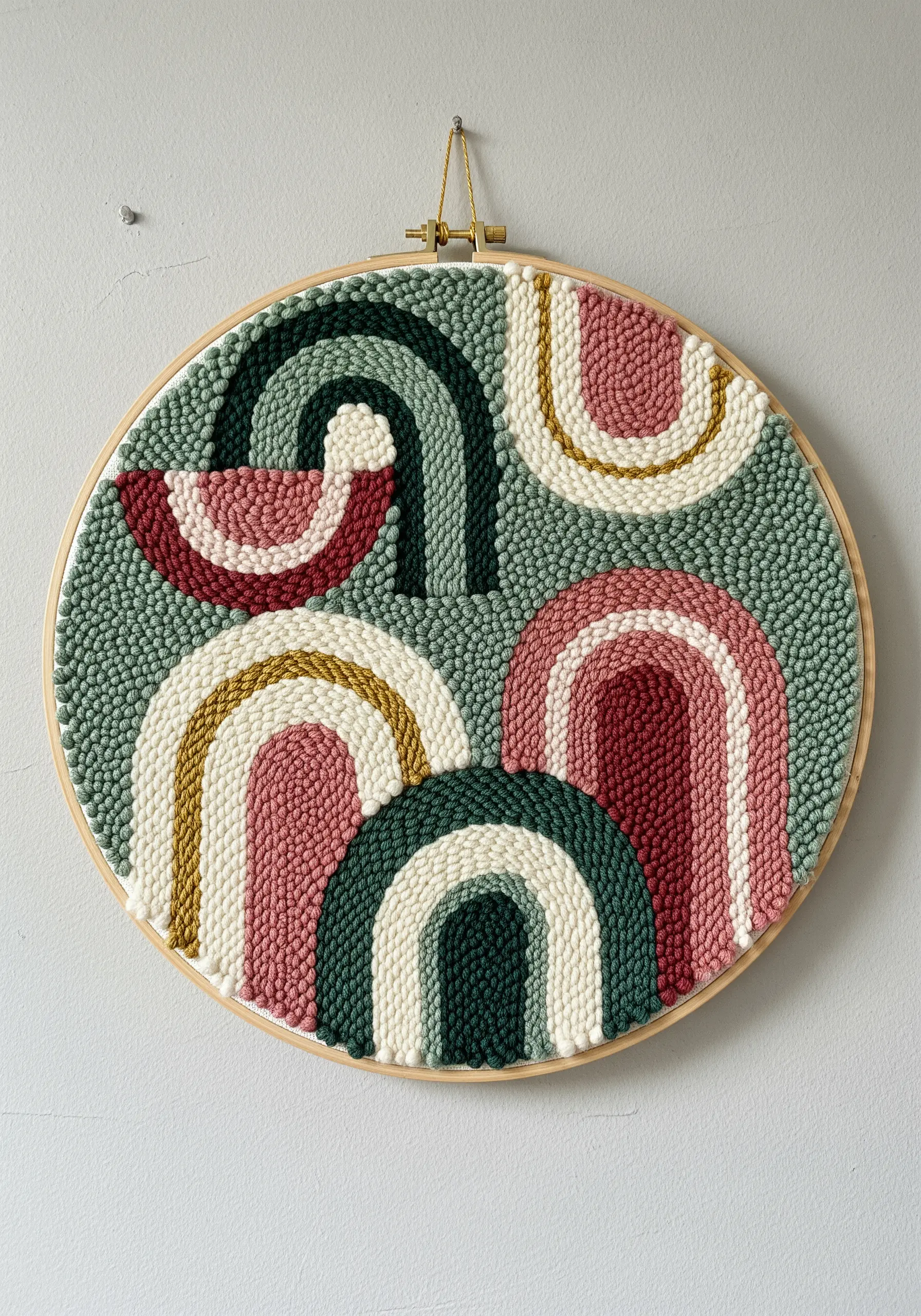Punch needle hoop art with abstract rainbow shapes in muted greens, pinks, and yellows.