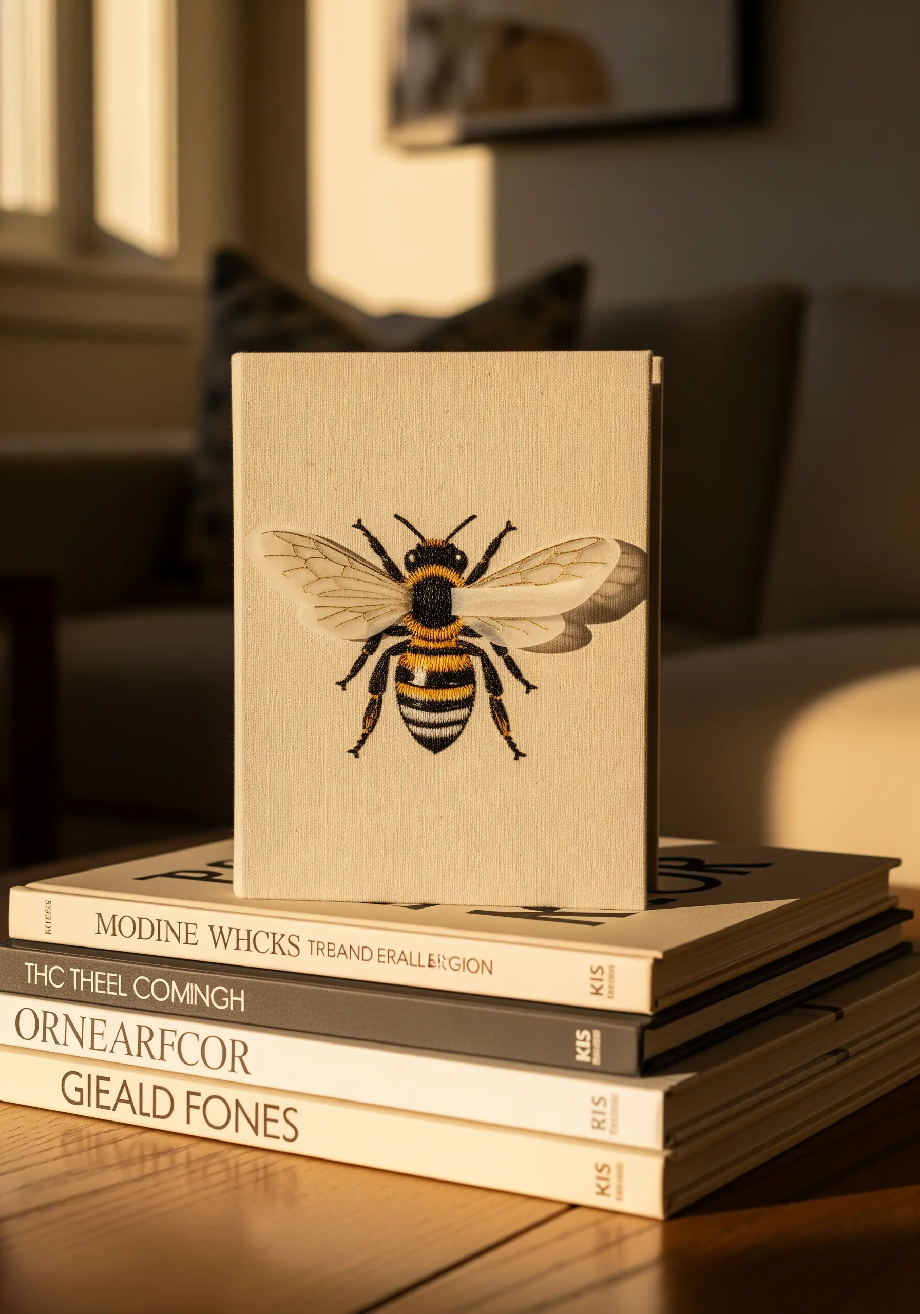 A hyper-realistic thread-painted bee on the canvas cover of a book.
