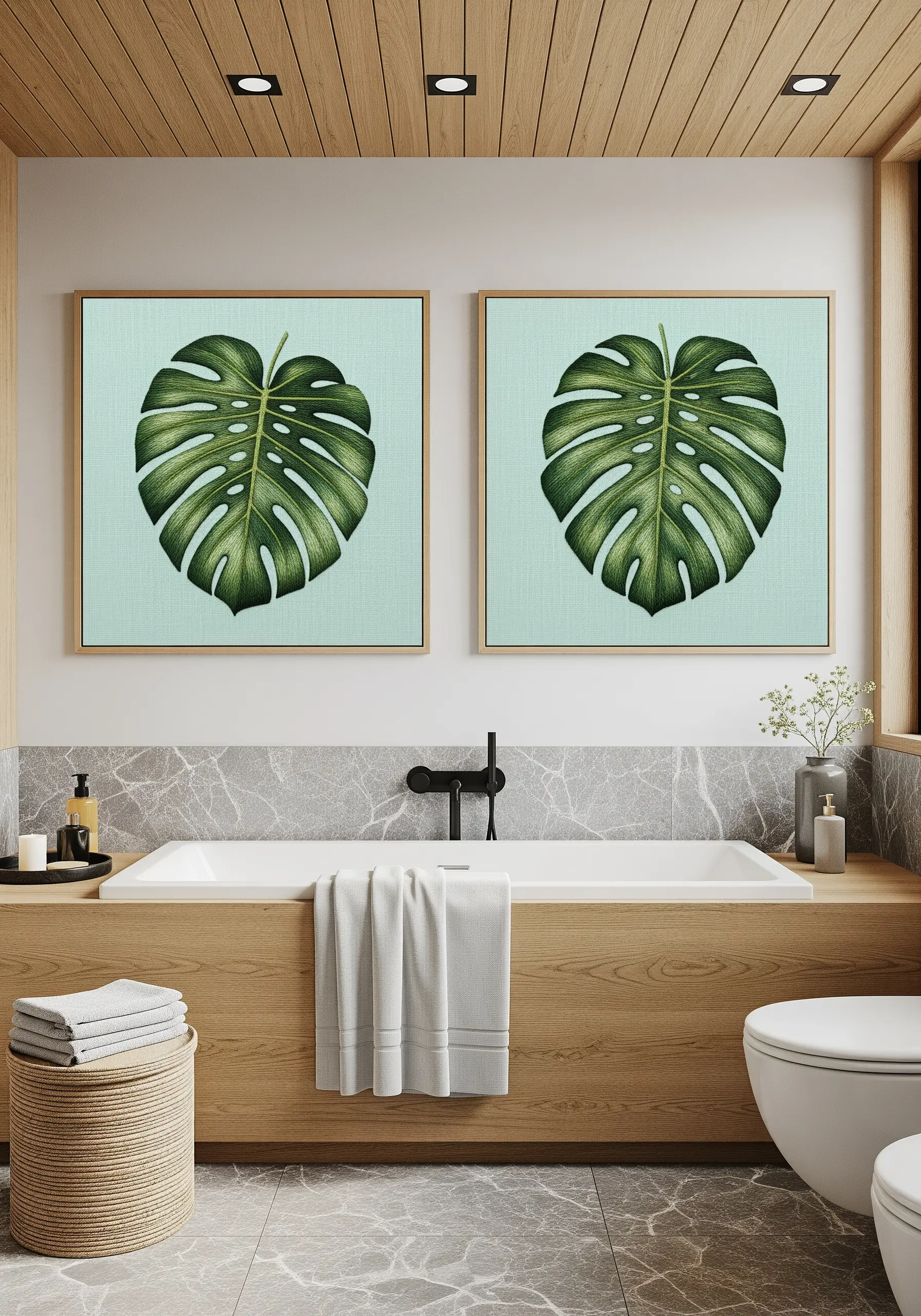 A pair of framed embroideries, each showing a realistically shaded monstera leaf.
