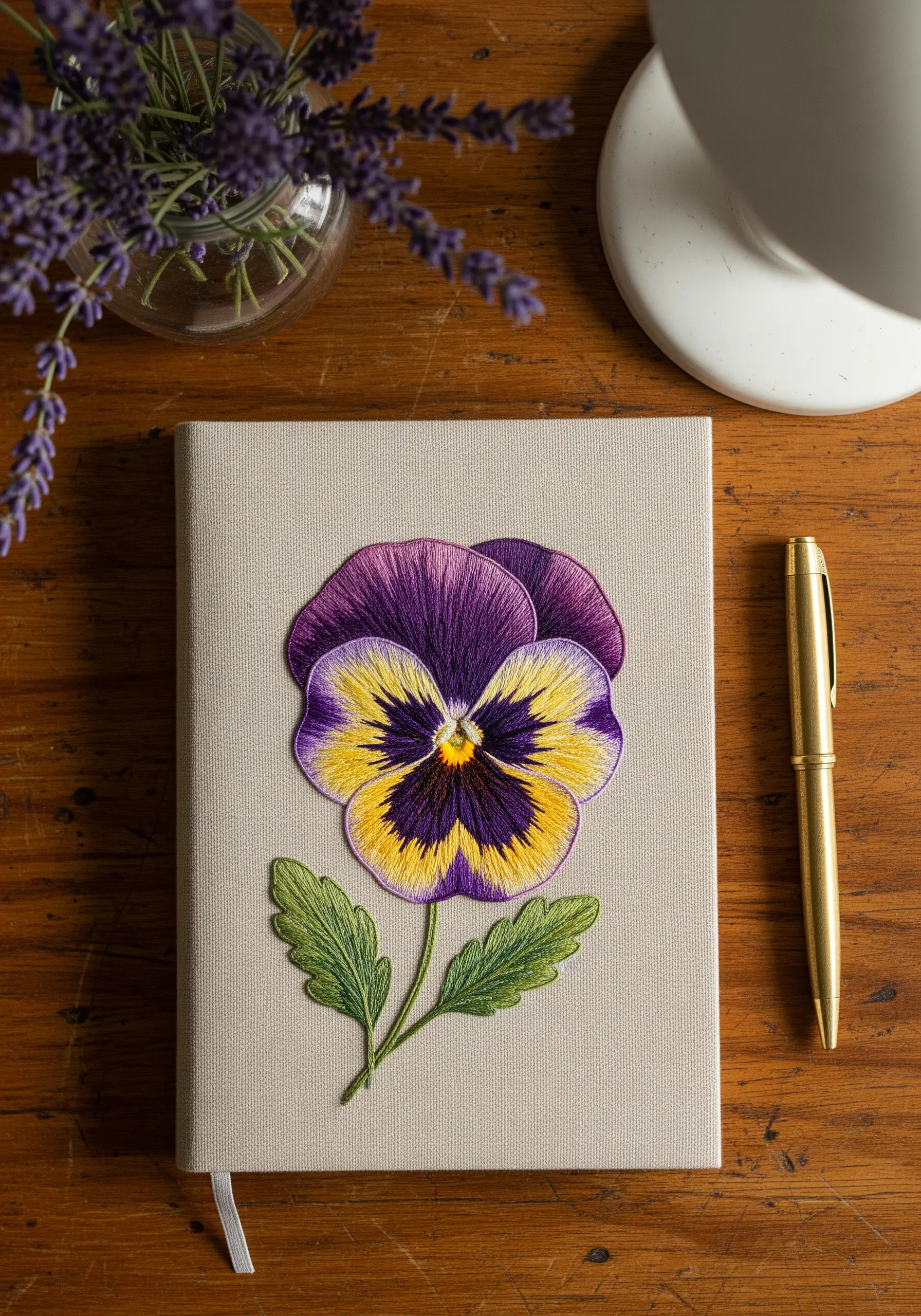 A hyper-realistic embroidered pansy with purple, yellow, and white petals on a journal cover.