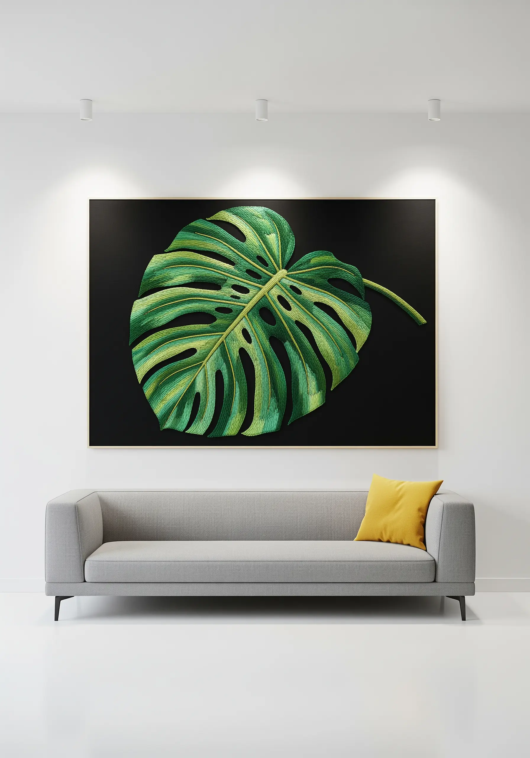 Large, hyper-realistic embroidered monstera leaf on a black background, hung over a sofa.