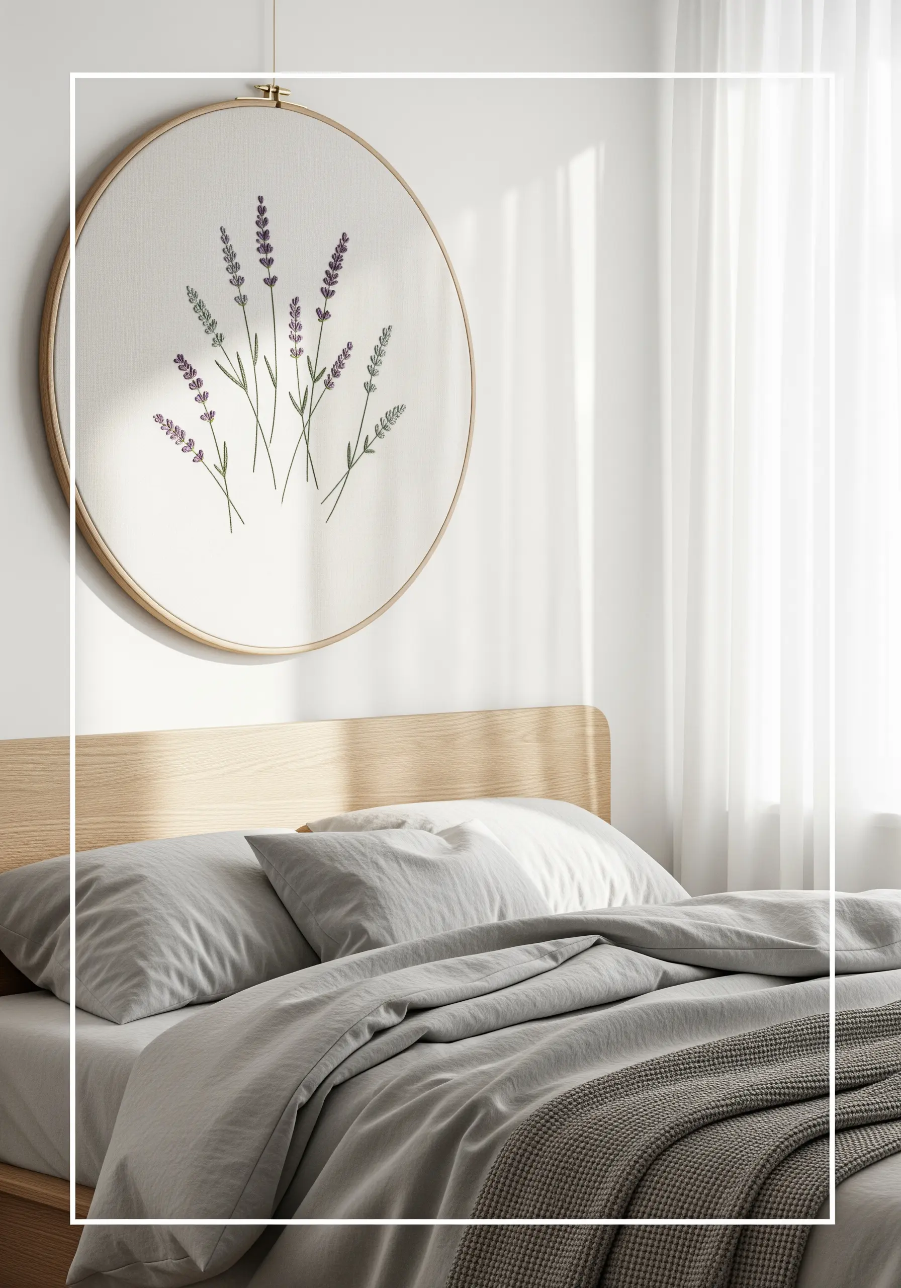 Large embroidery hoop with minimalist lavender sprigs hanging over a modern bed.