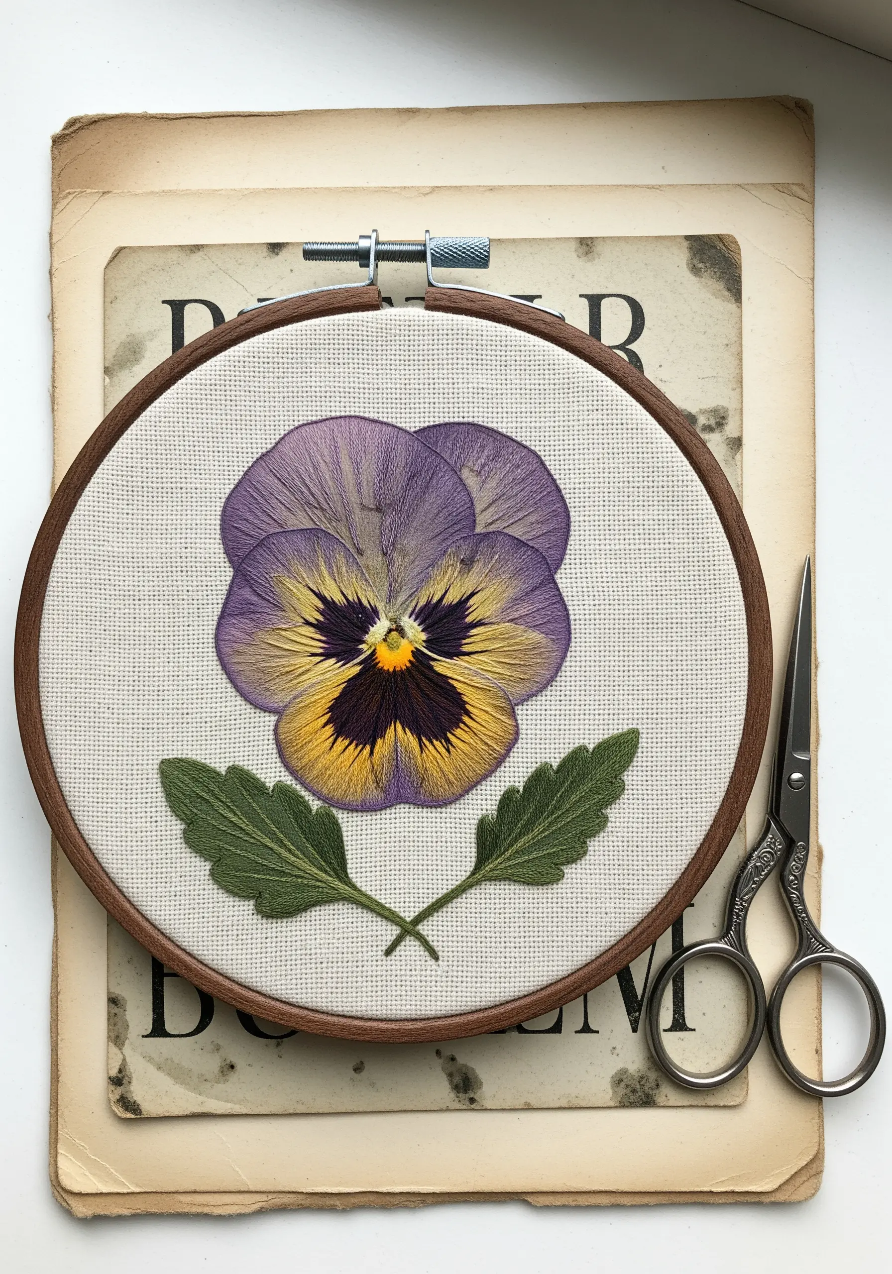 Detailed thread-painted pansy in an embroidery hoop with purple, yellow, and black details.