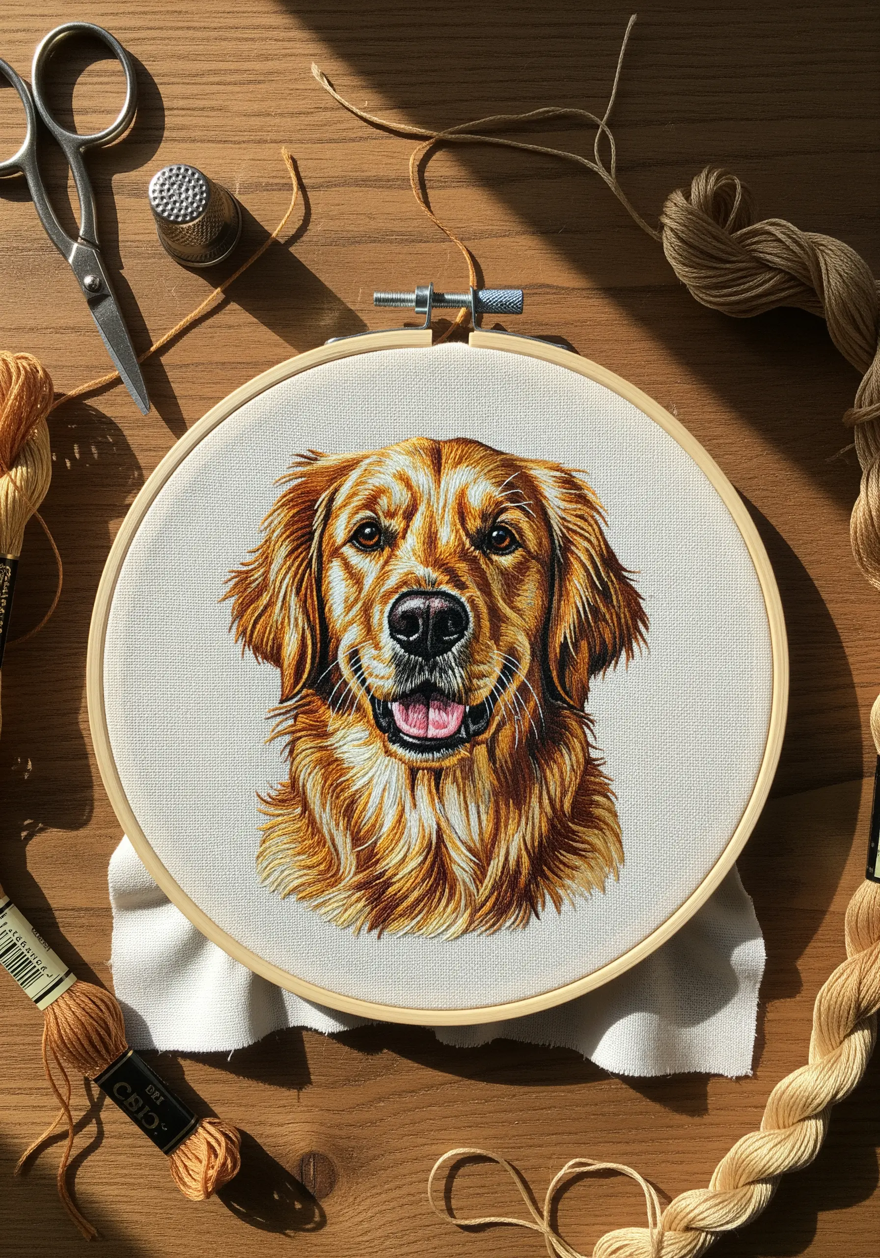 A detailed thread-painted portrait of a golden retriever in an embroidery hoop.