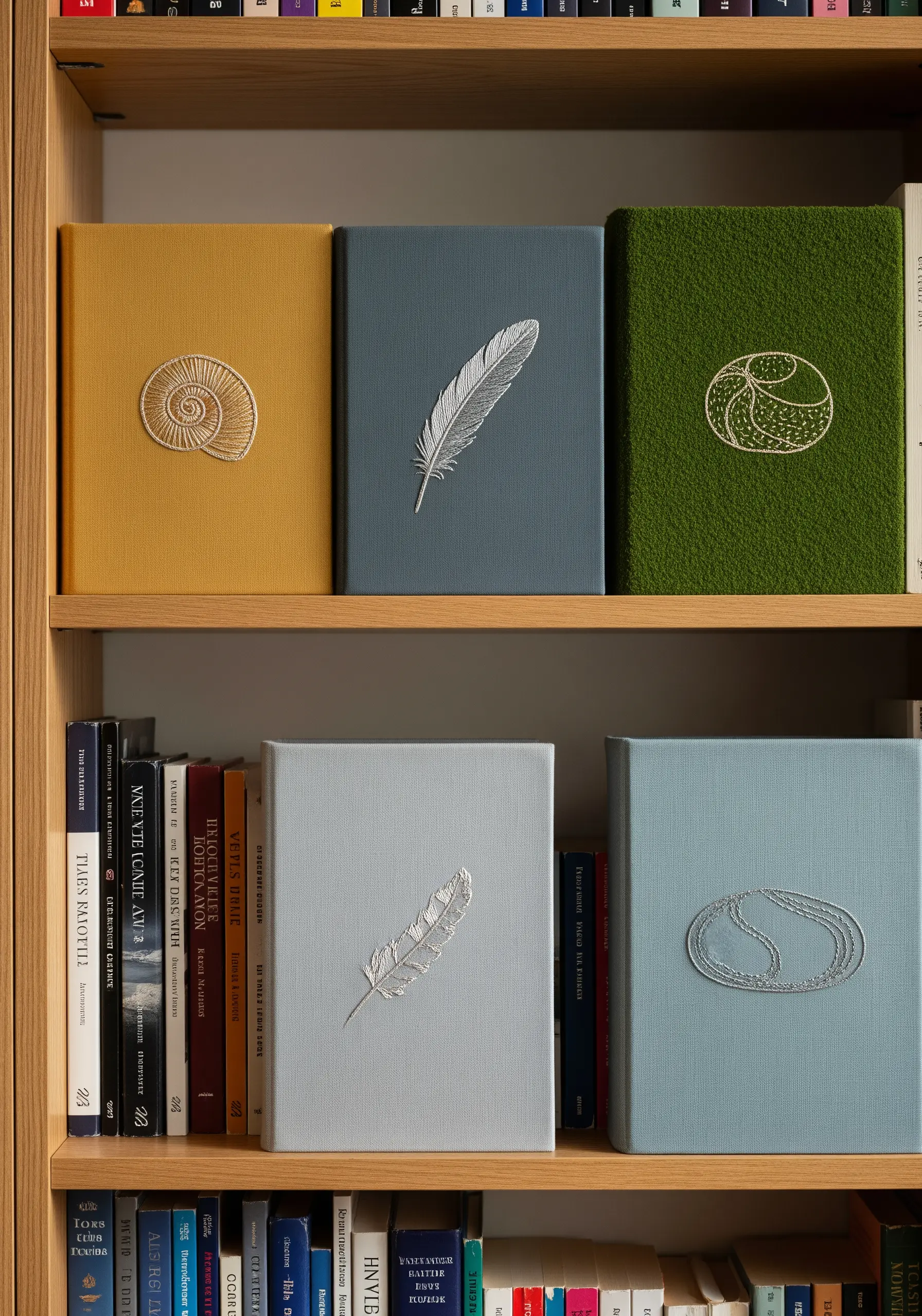 A collection of fabric-bound books with subtle, tone-on-tone embroidered motifs on the spines.