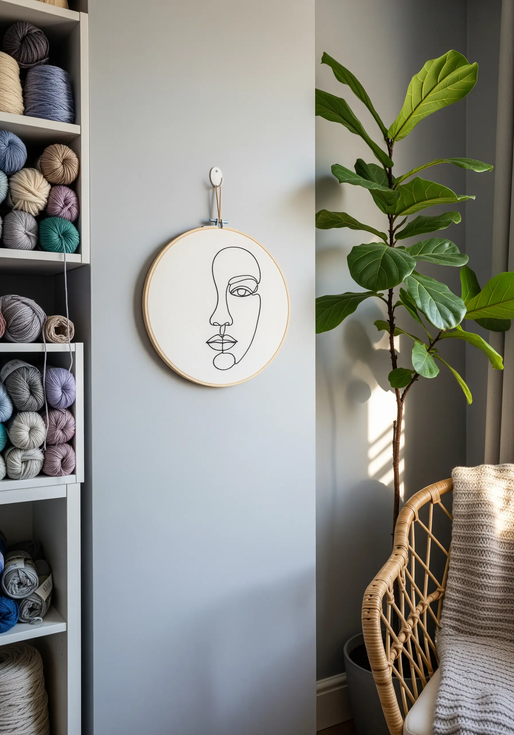 Minimalist single-line art portrait of a face, stitched in black thread and displayed in a hoop.
