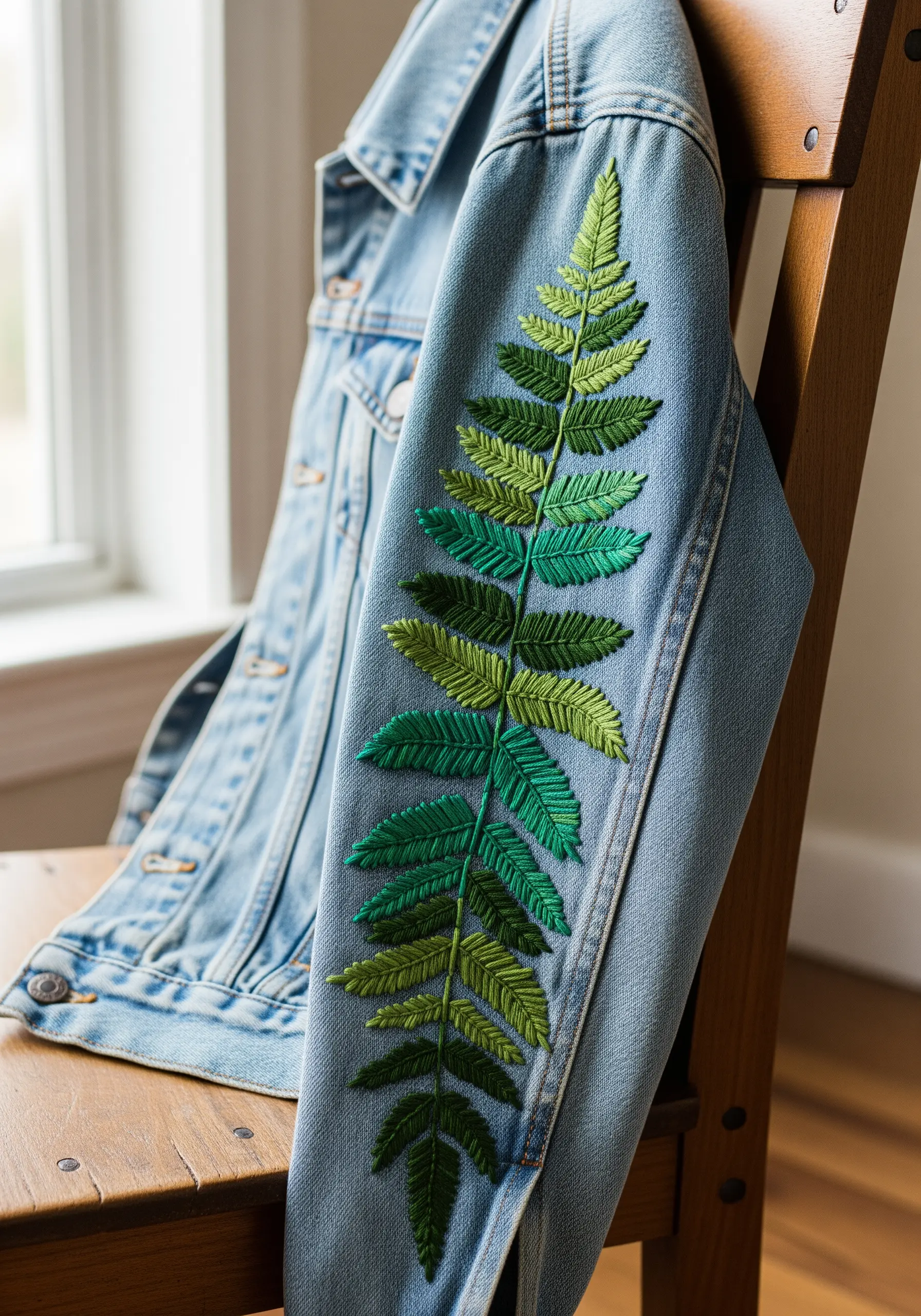 A large fern frond with a green color gradient stitched down the sleeve of a denim jacket.