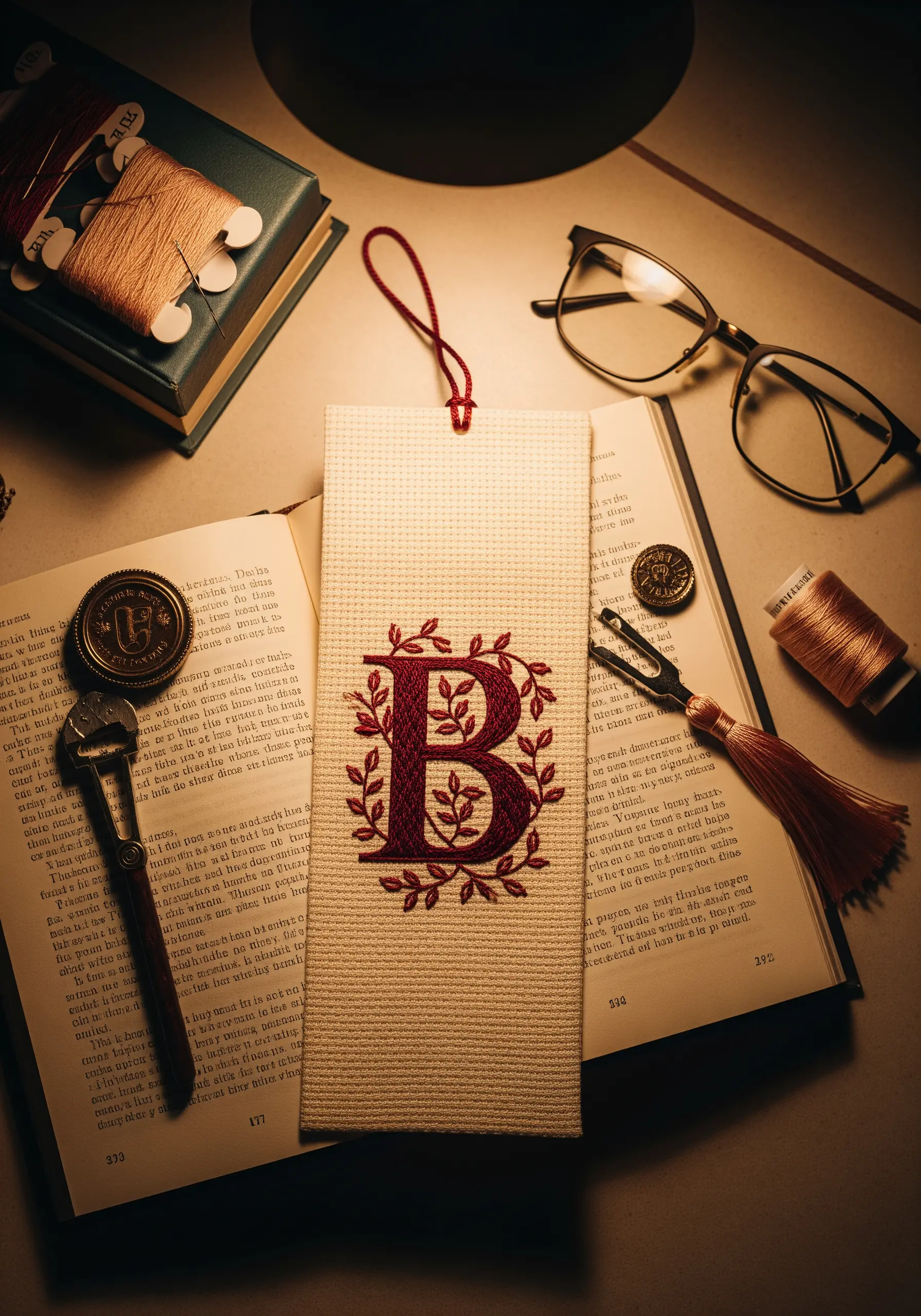 A red embroidered letter 'B' with botanical details on a fabric bookmark