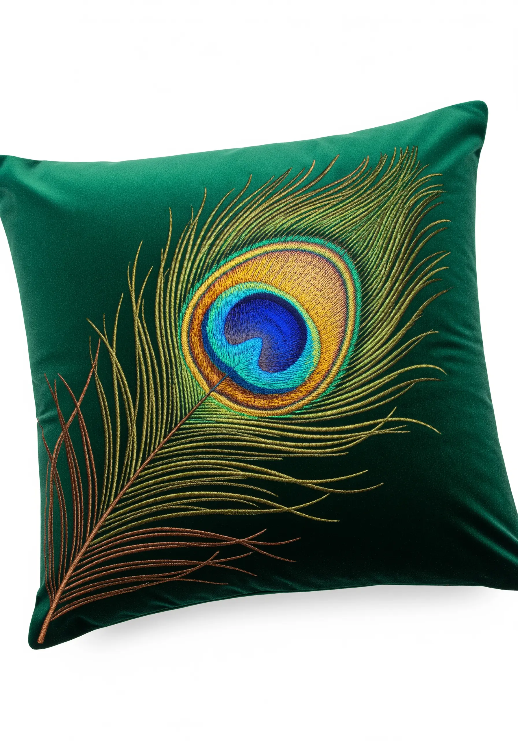 A realistic peacock feather embroidered on a green velvet cushion with jewel-toned gradients.