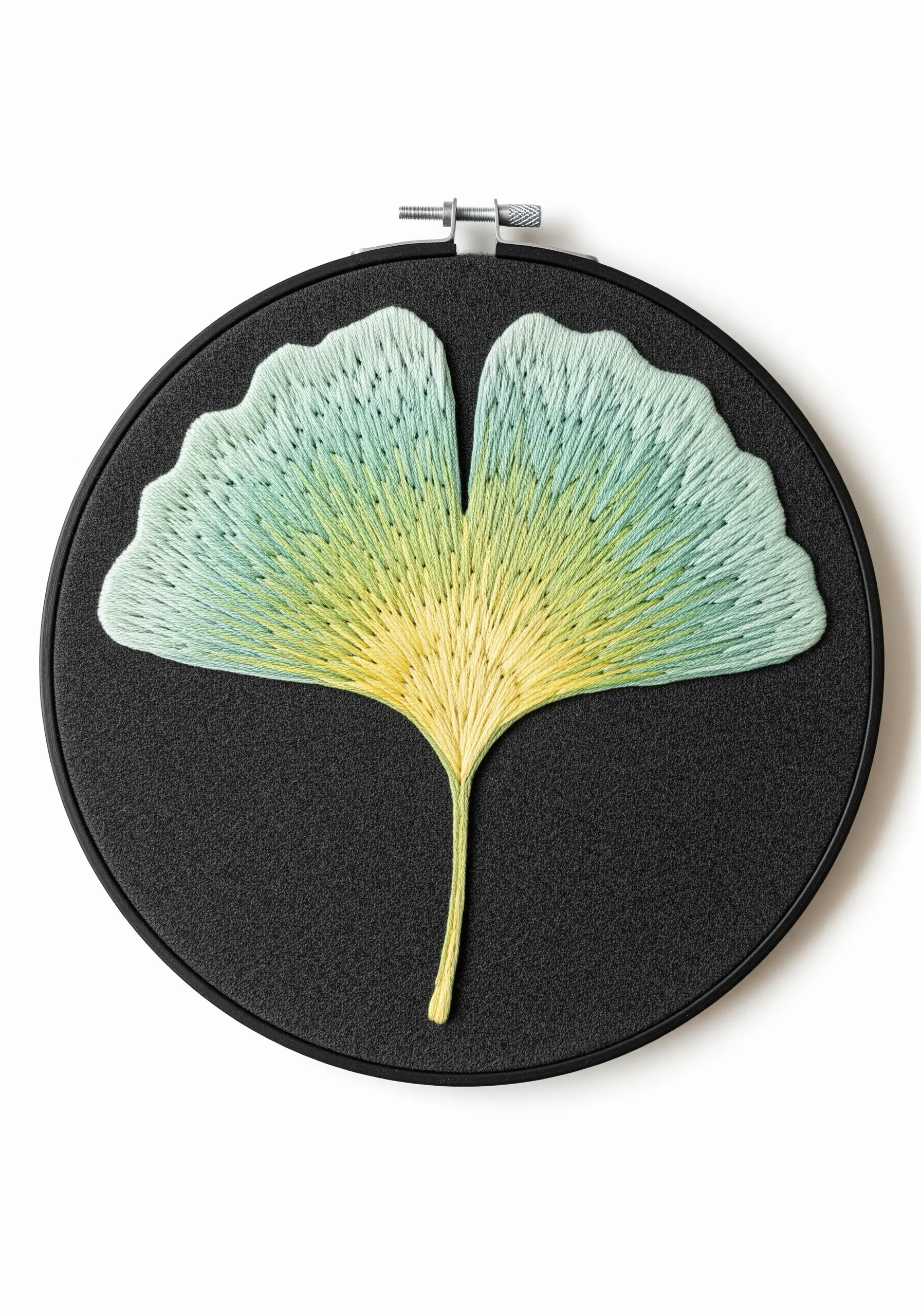A ginkgo leaf with a seamless yellow-to-green gradient using long-and-short stitch.