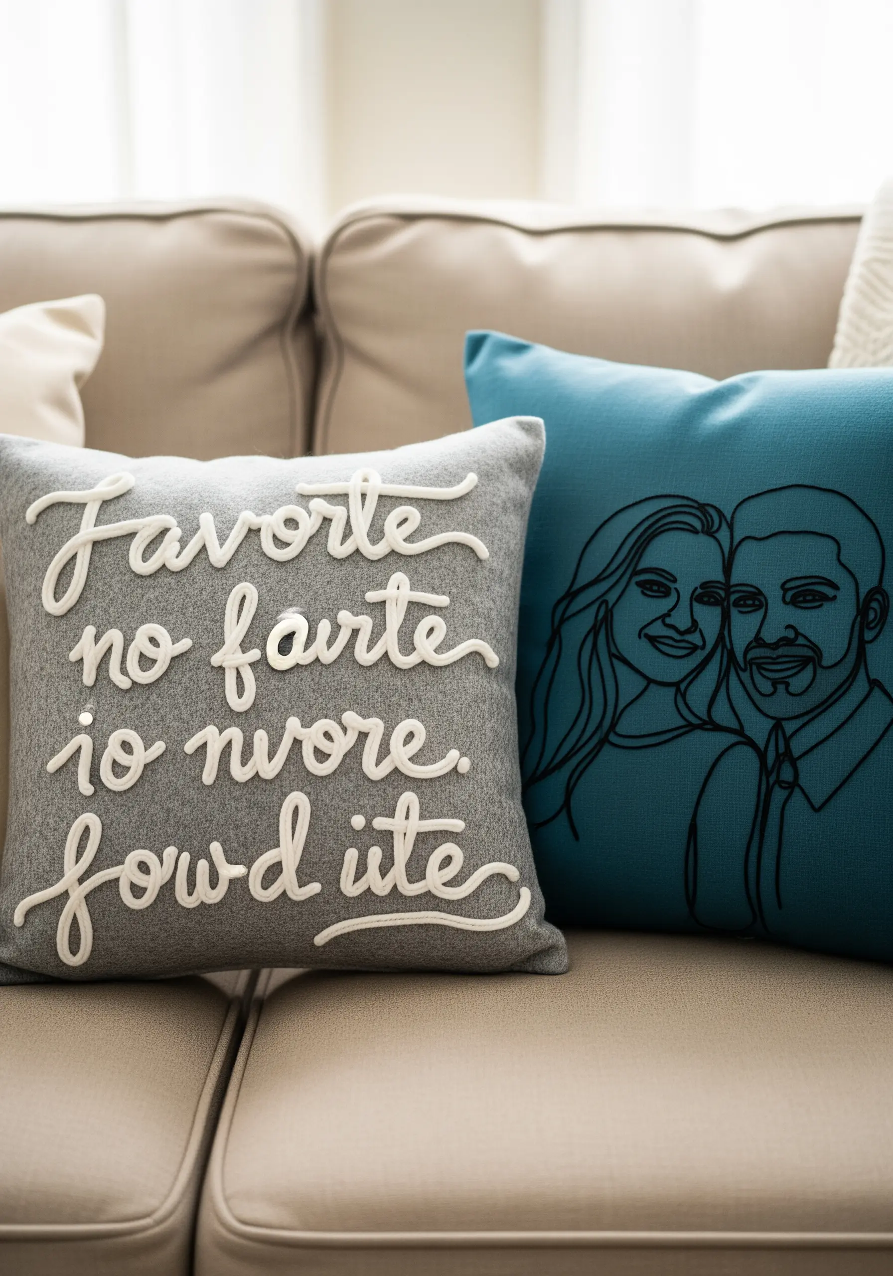 Two embroidered cushions on a sofa: one with raised white script, one with a black line-art portrait.
