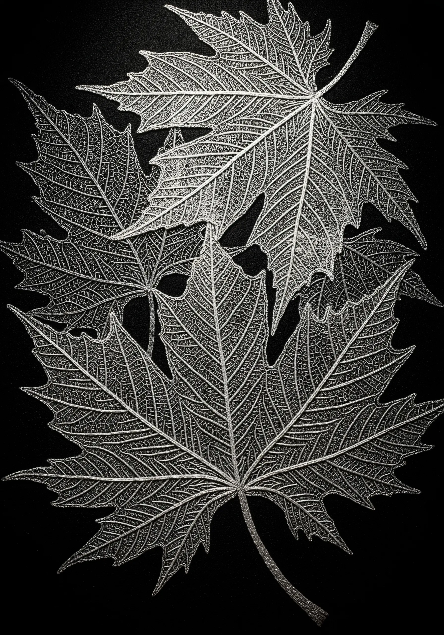 Intricate silver thread embroidery of skeletal maple leaf veins on a black background.