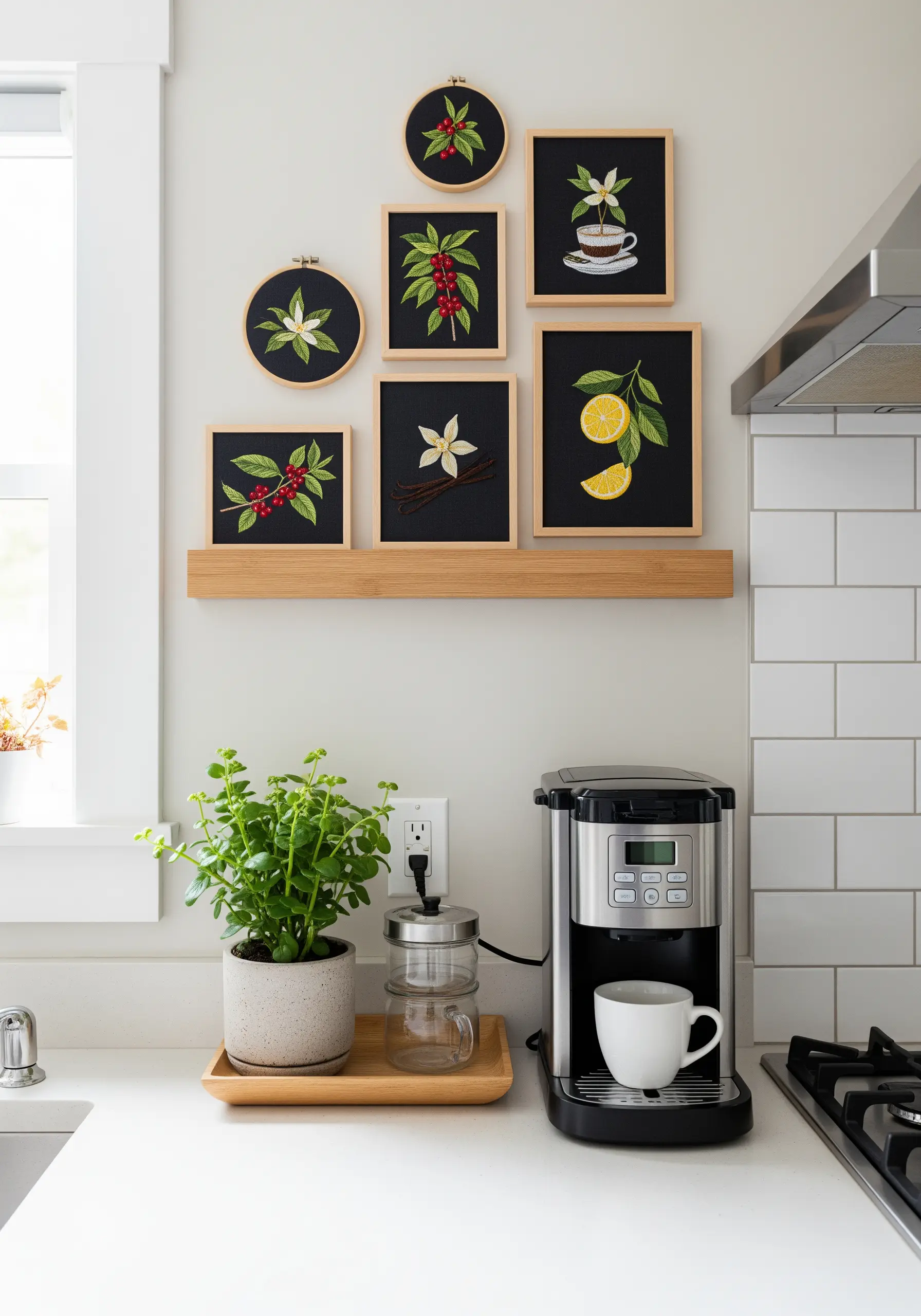 A gallery wall of coffee-themed botanicals embroidered on black fabric in various frames.
