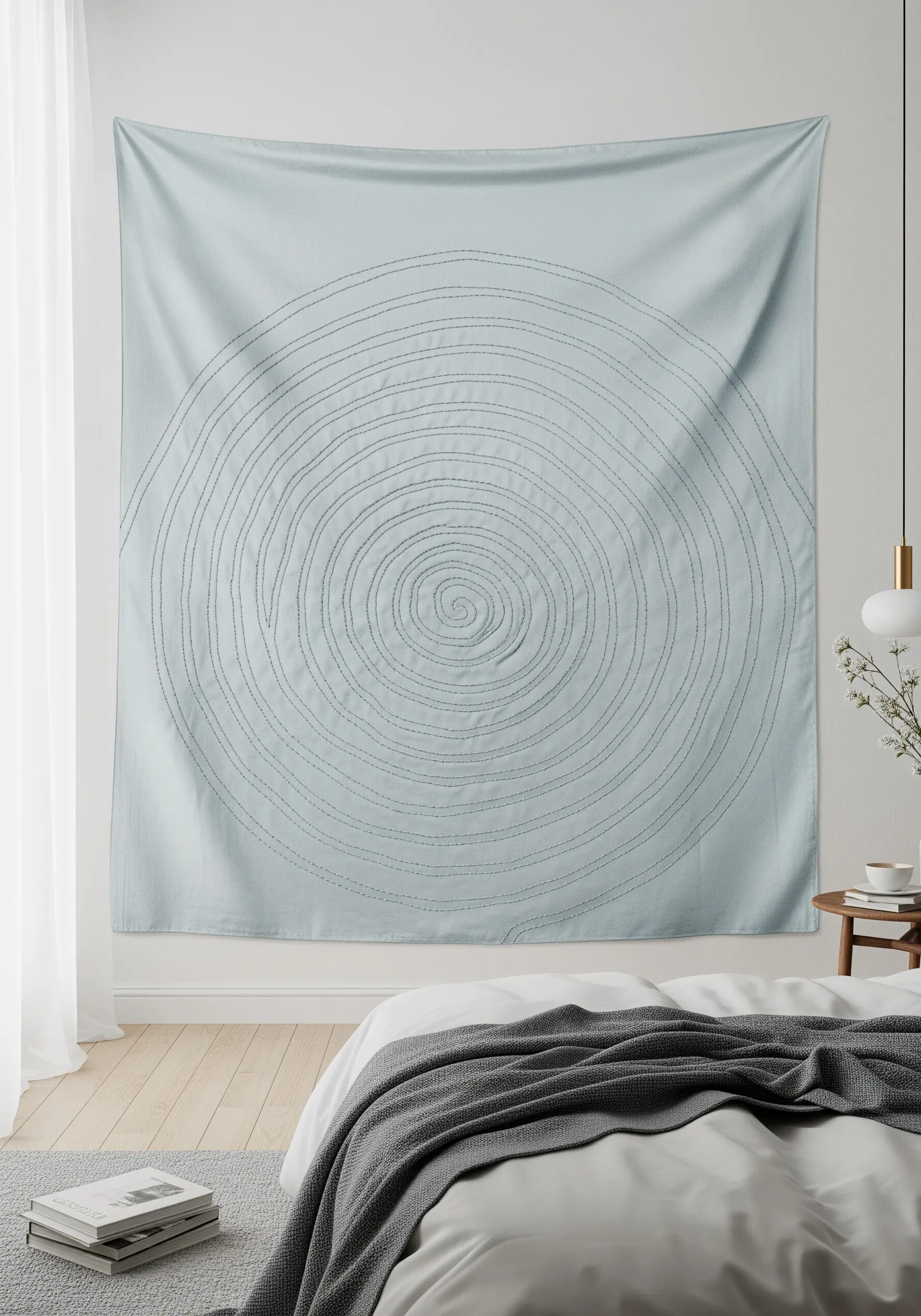 A large, minimalist wall tapestry with a single spiraling line of running stitch, depicting tree rings.