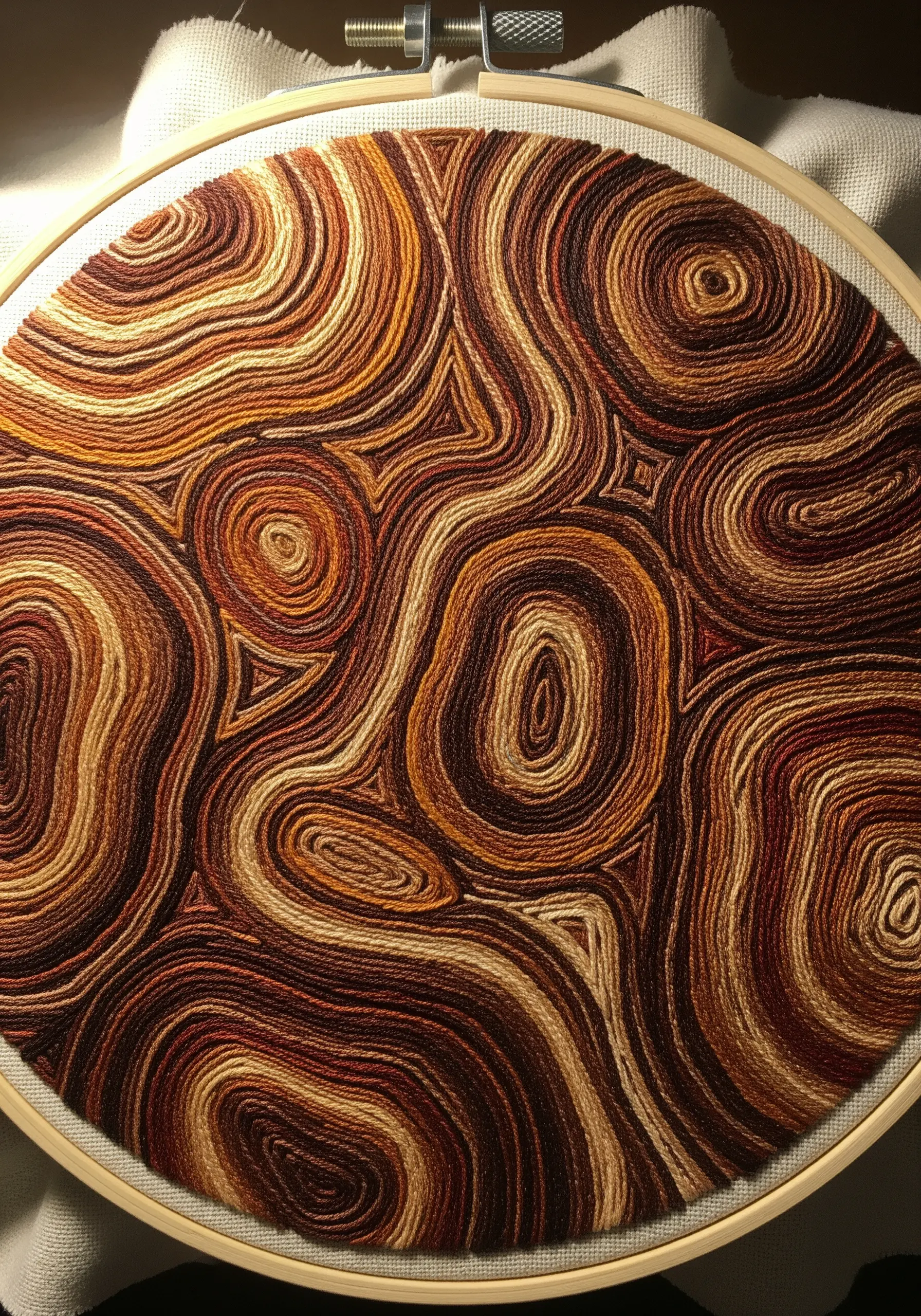 Abstract embroidery in a hoop mimicking wood grain with brown and tan threads.