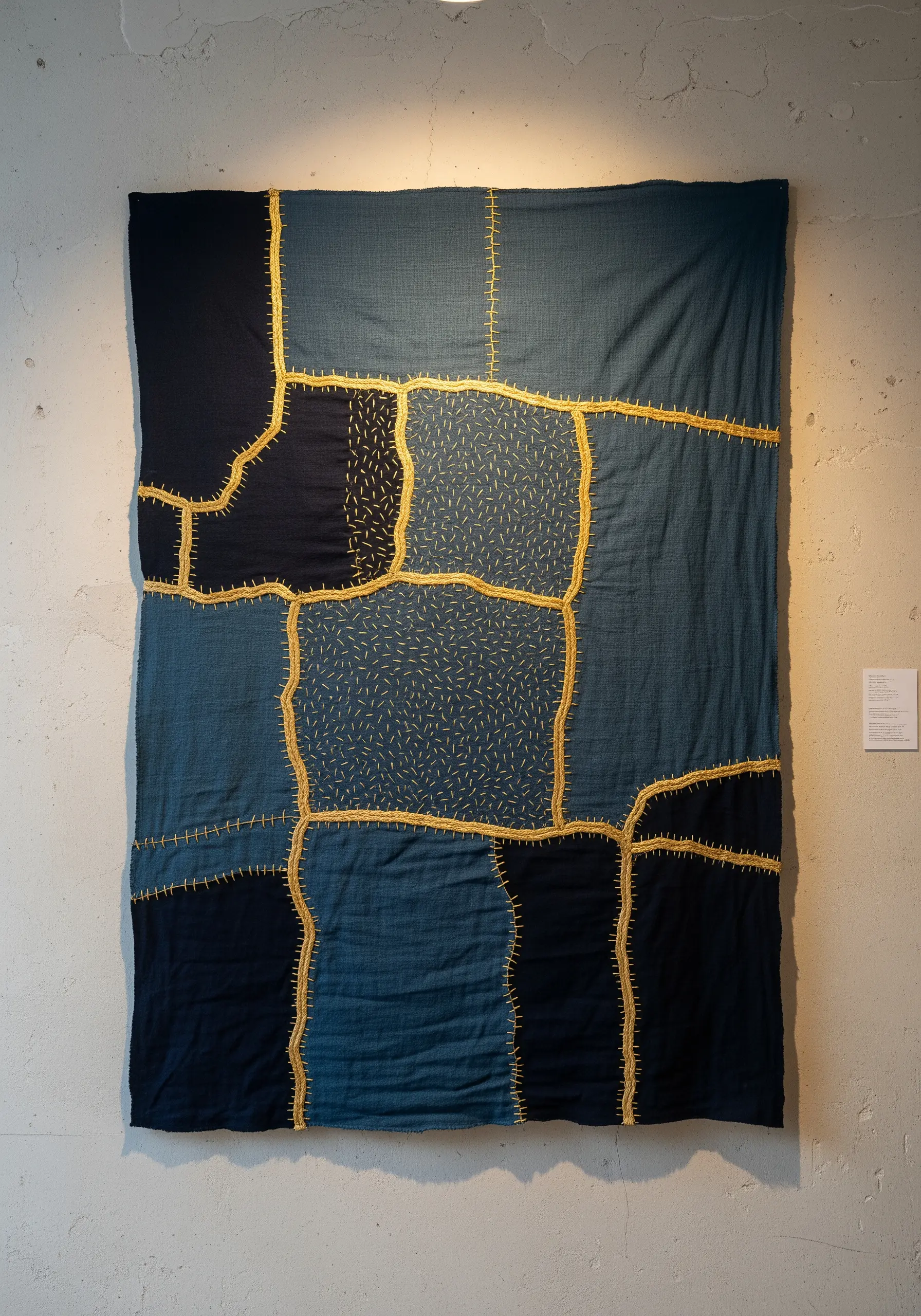 Large patchwork wall hanging in shades of blue with visible gold sashiko stitching.