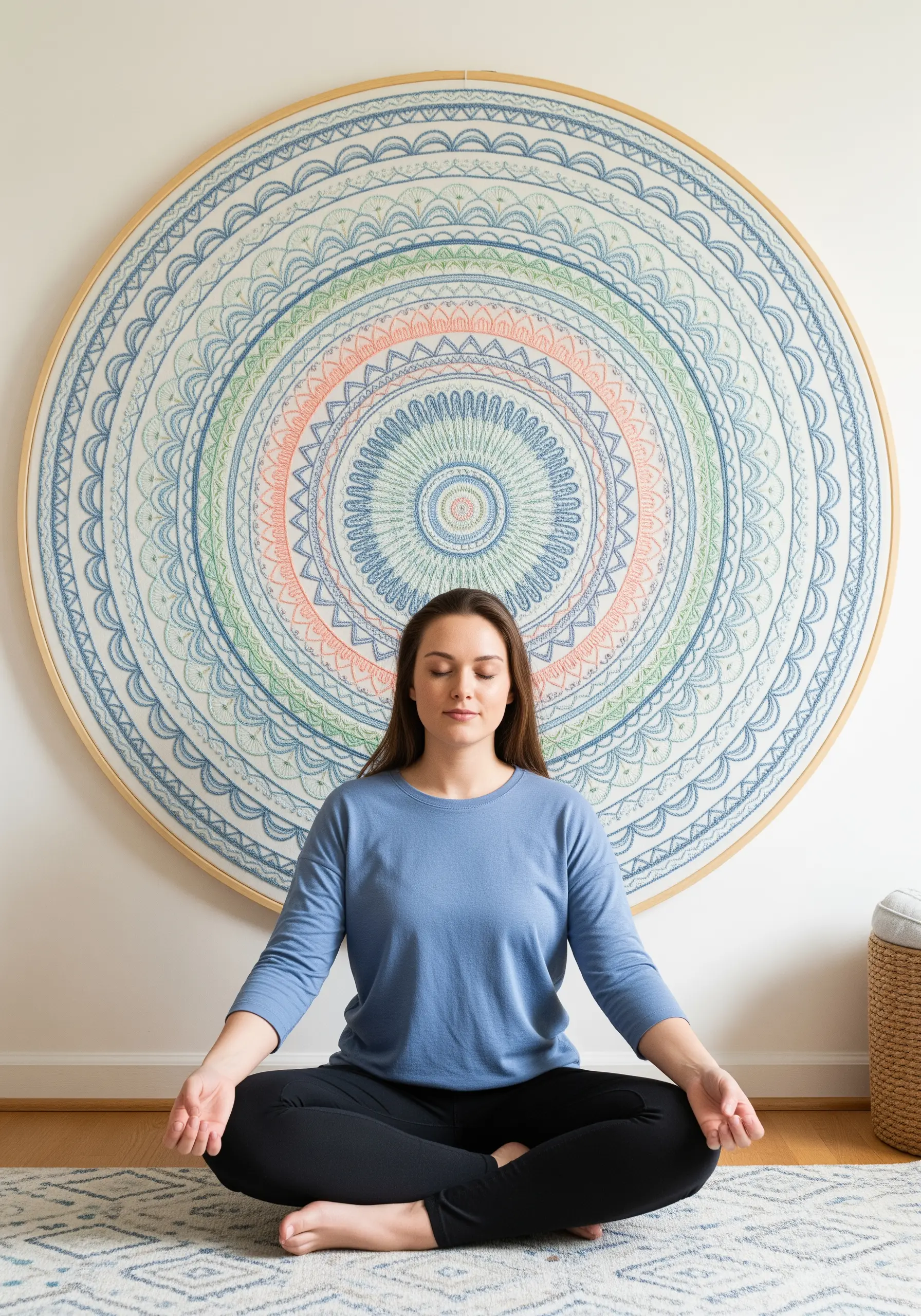 A woman meditating in front of a very large, oversized embroidered mandala hoop.