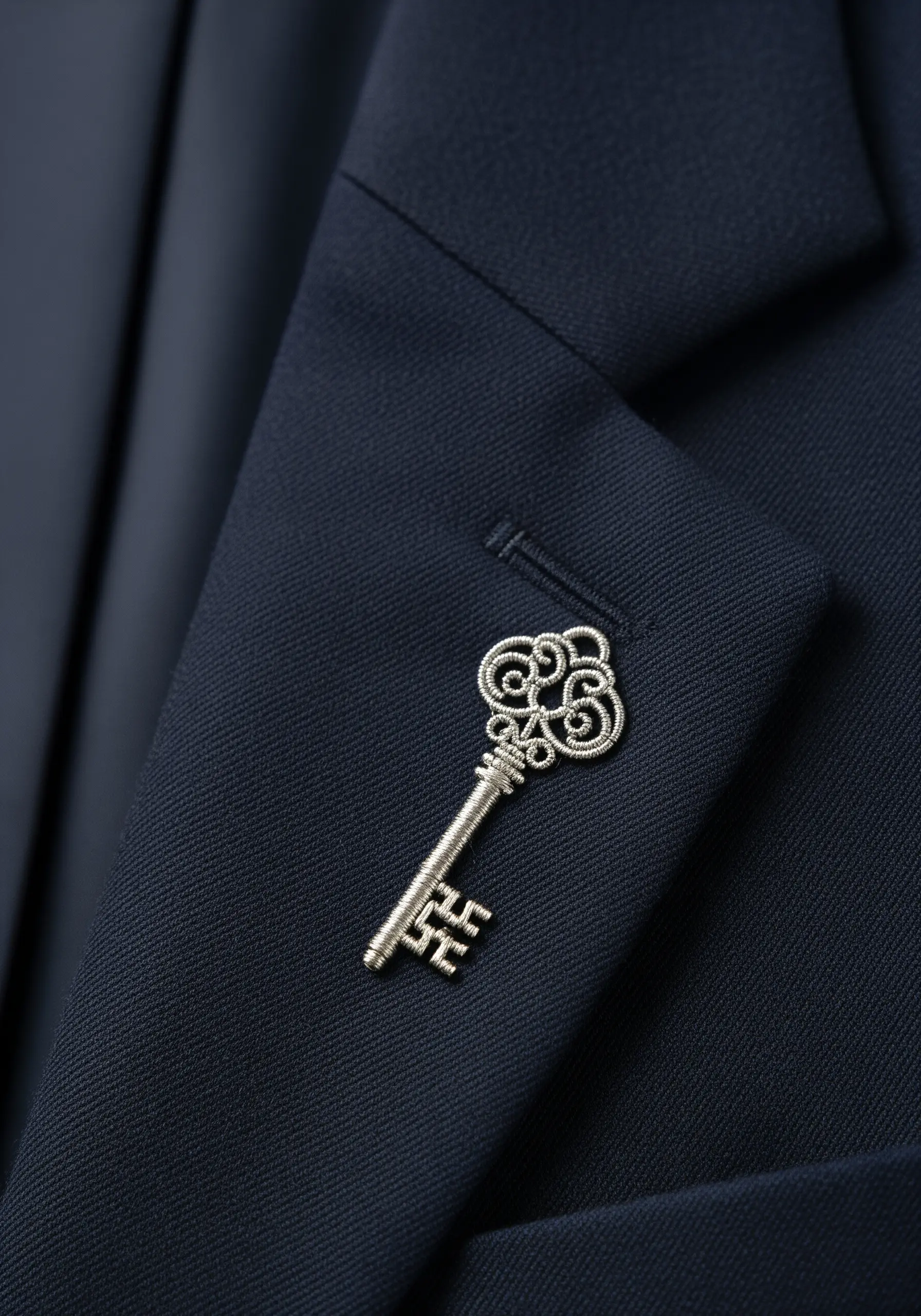An intricate silver metallic thread key embroidered as a brooch on a suit lapel.