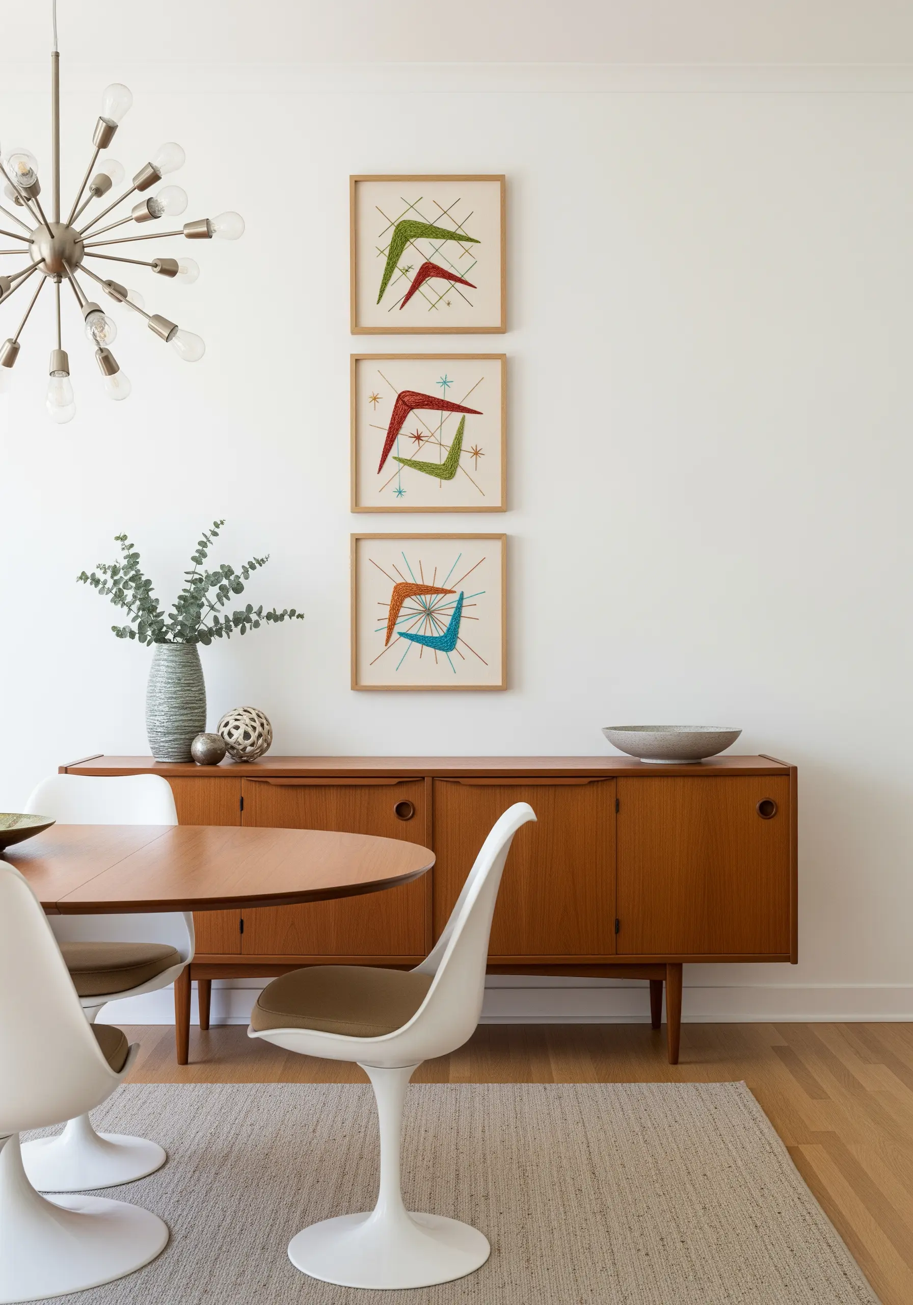 Set of three framed mid-century modern embroidery pieces with abstract boomerang shapes.