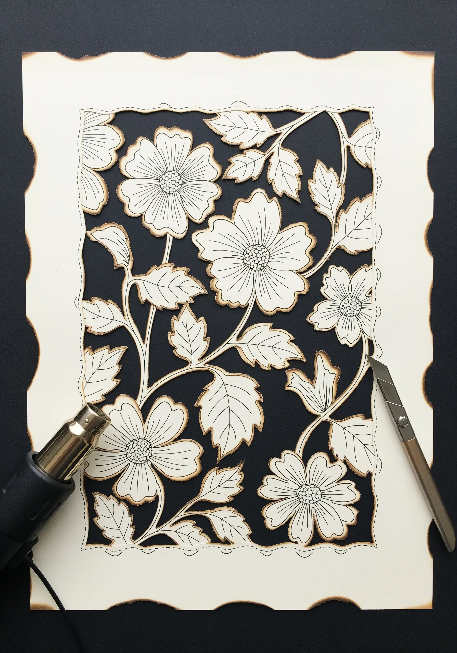A floral paper-cut design with edges that have been carefully burned to create a dark outline.