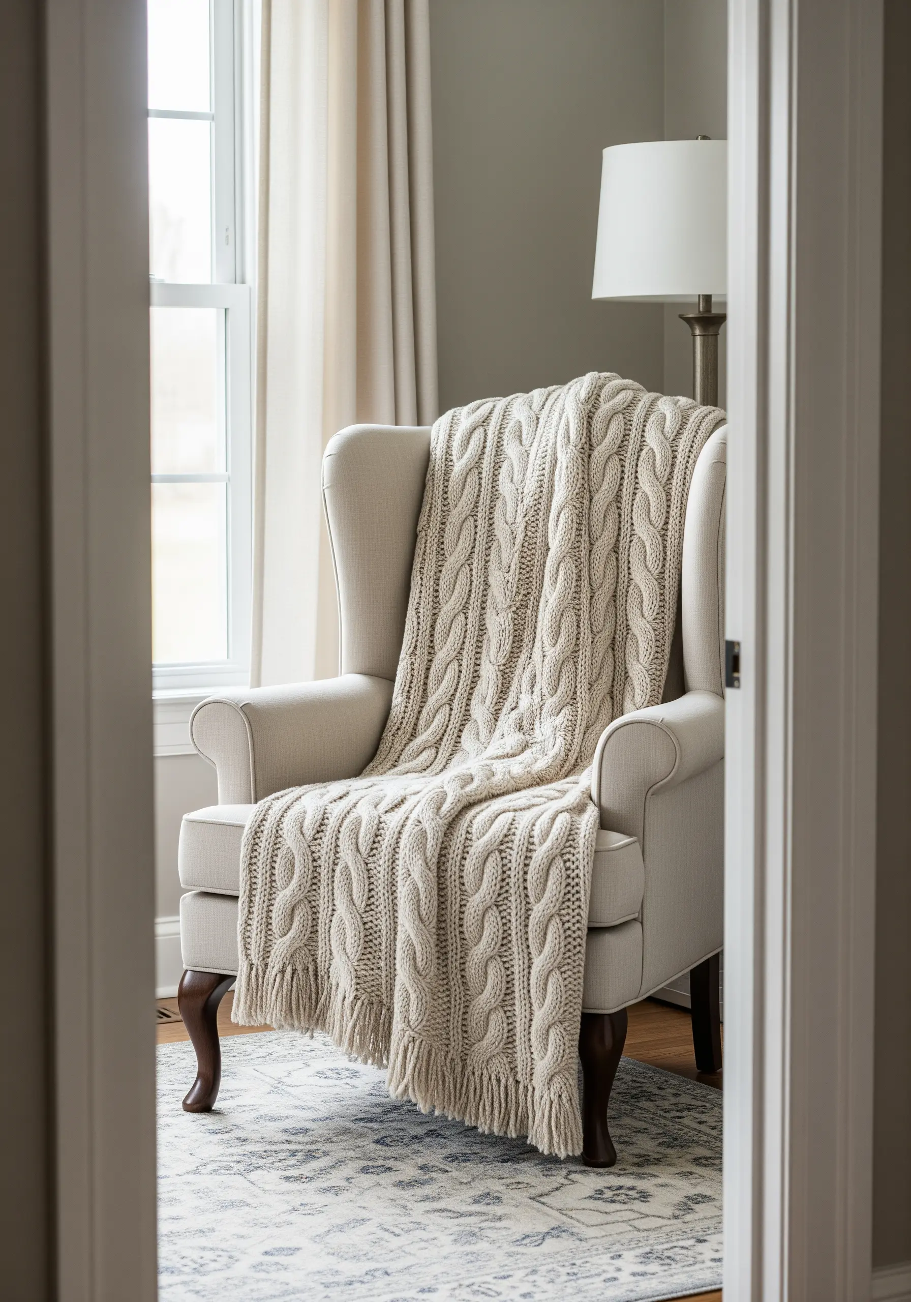 A close-up of a chunky, cream-colored cable-knit throw on a wingback chair.