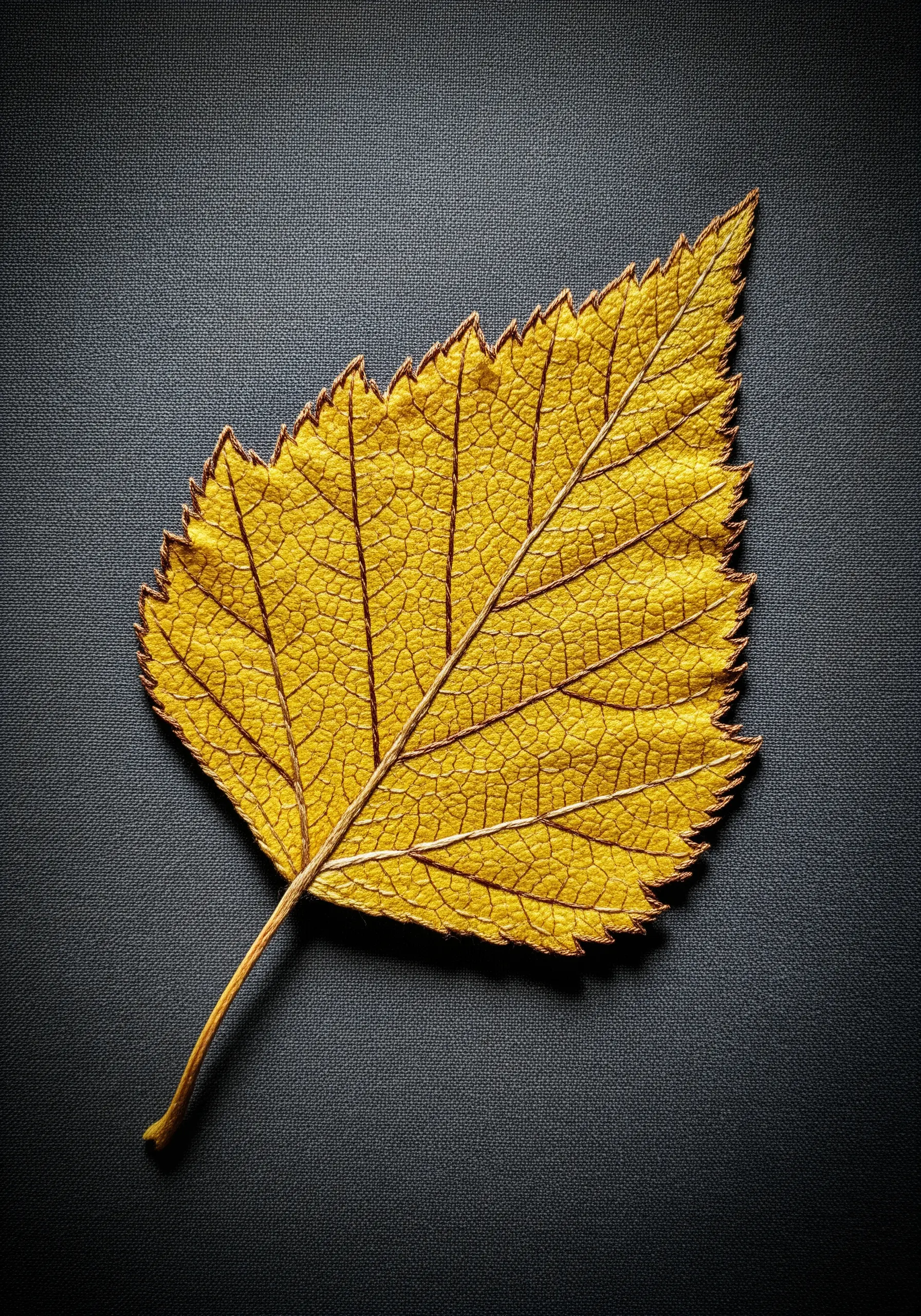 A dry, yellow birch leaf with a textured fill and dark, crisp veins.