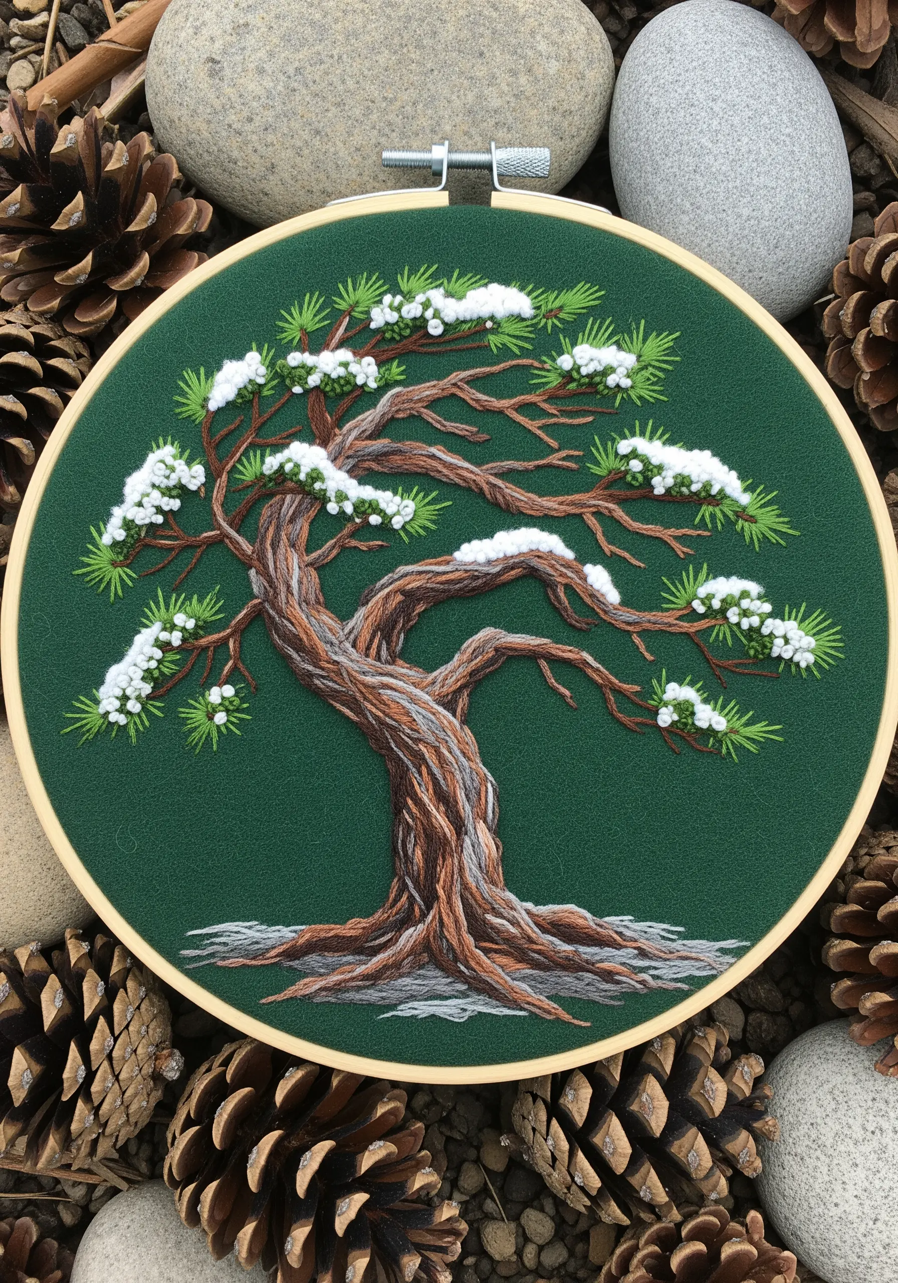 Embroidered pine tree with textured bark and fluffy French knot snow on its branches