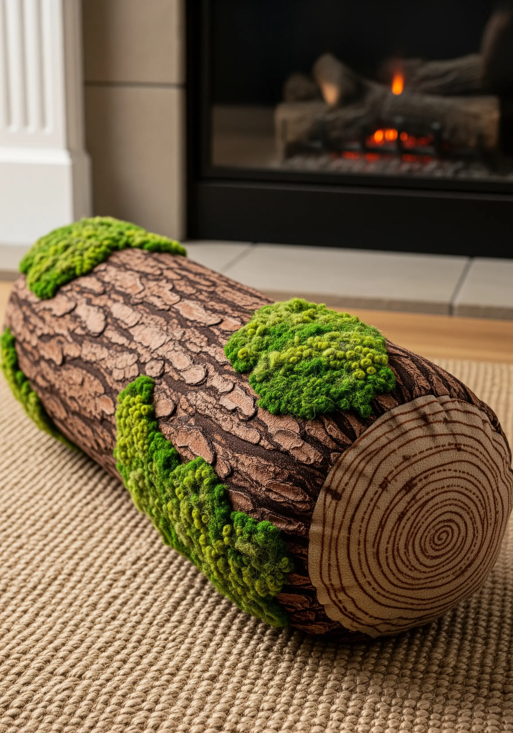 A log-shaped pillow with printed bark fabric and dimensional green embroidery for moss.