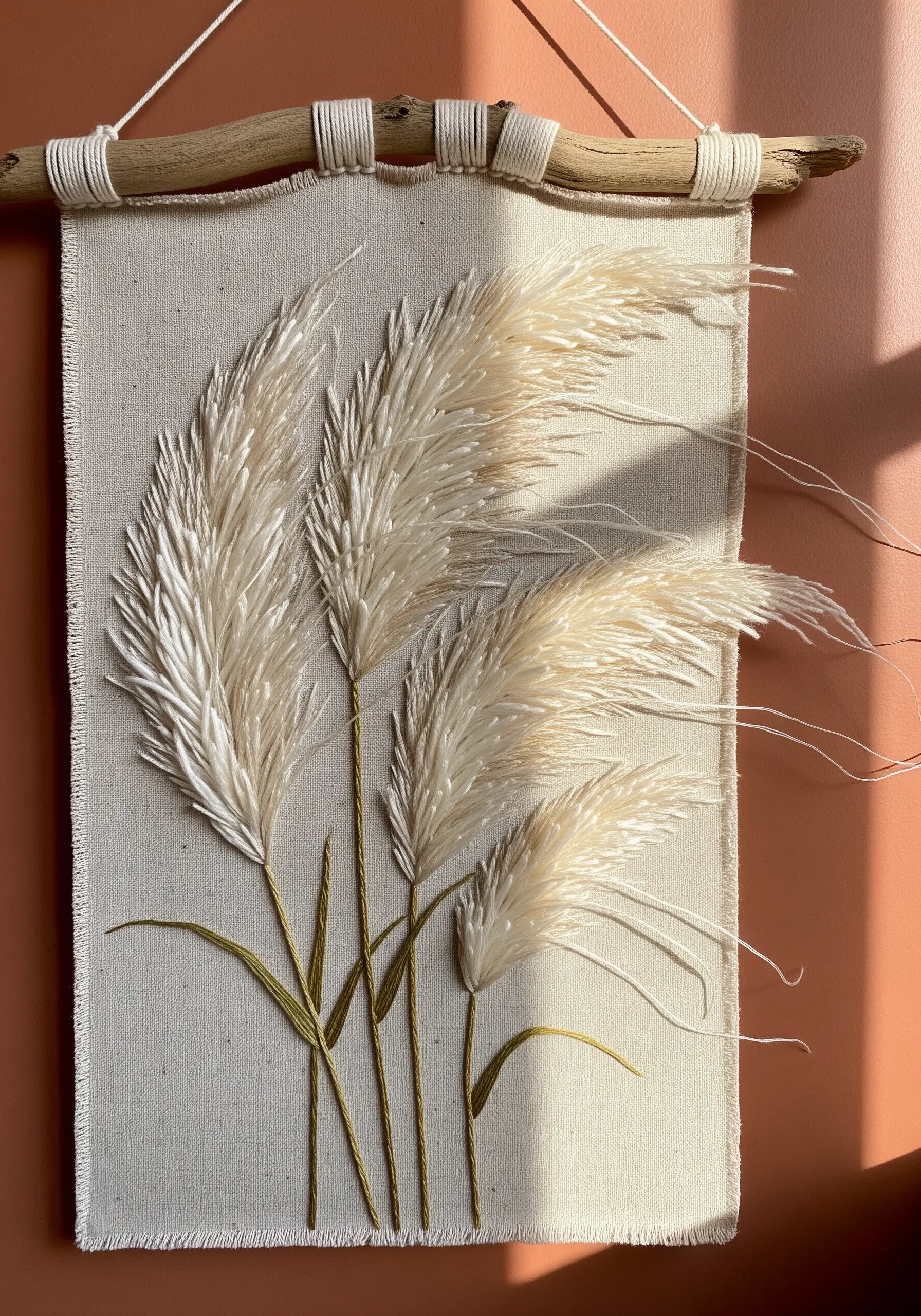 A wall hanging with embroidered pampas grass; the plumes are made with long, feathery stitches.