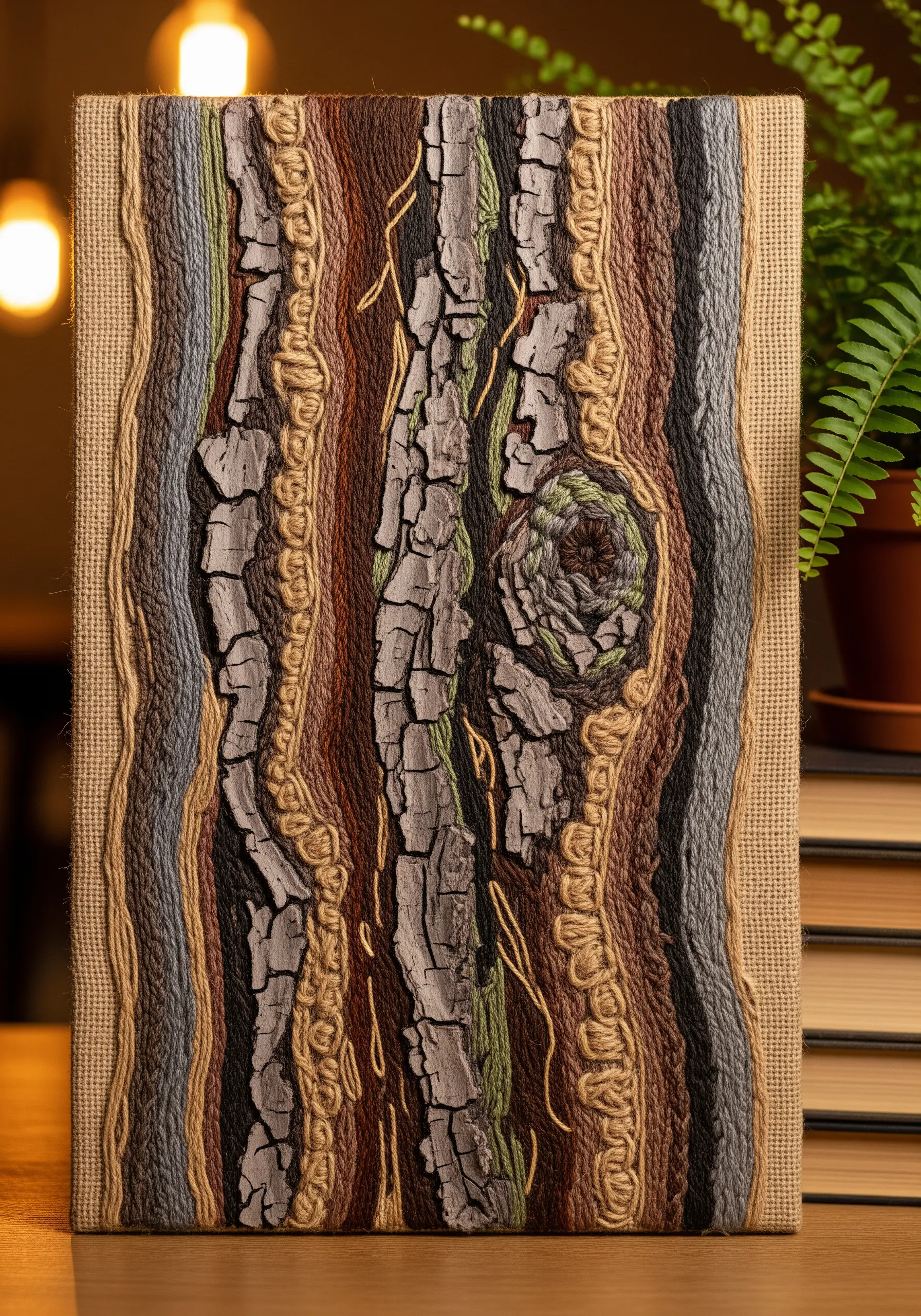 Highly textured embroidery of tree bark using couching, satin stitch, and layered threads.