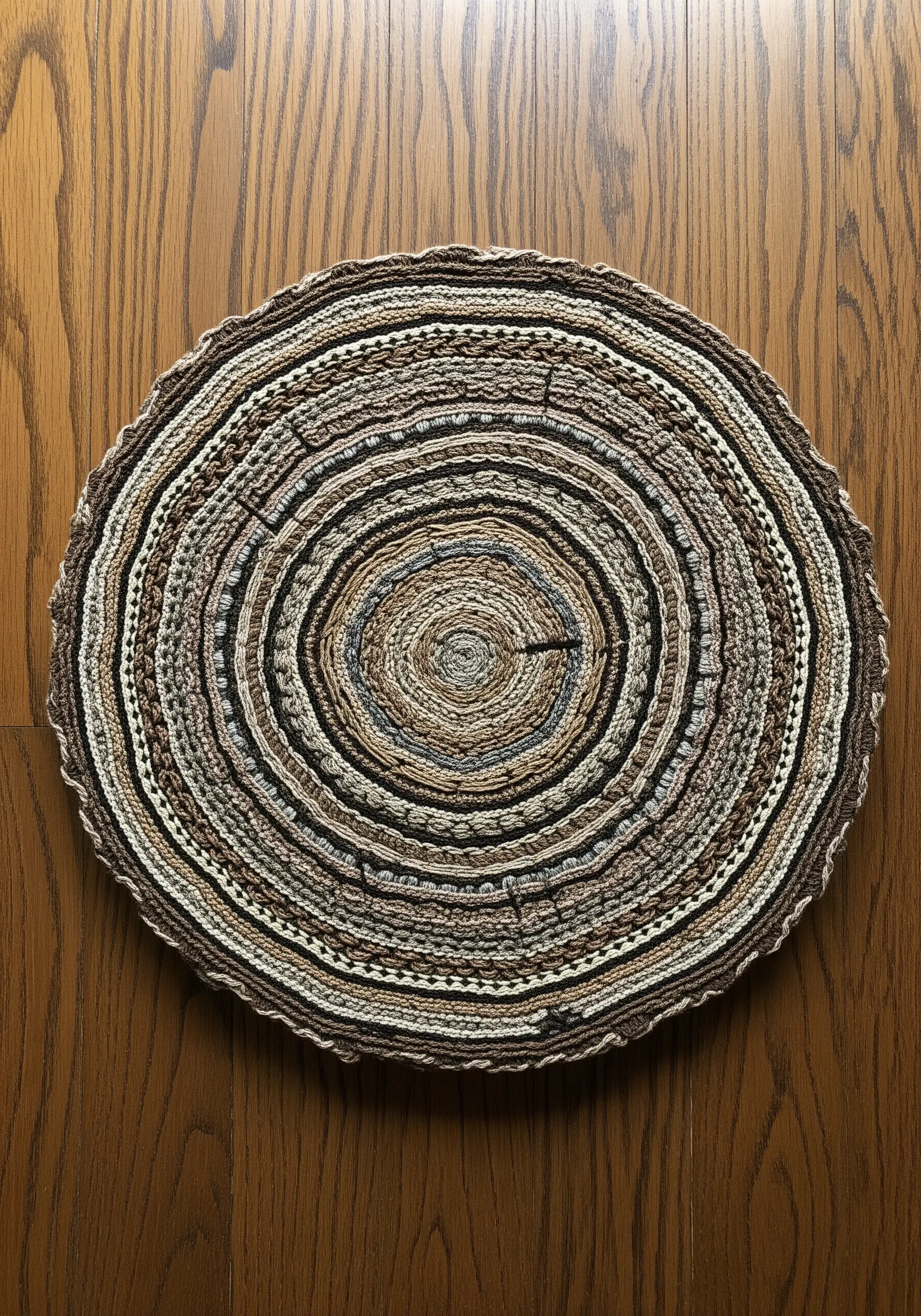 A round, crocheted or coiled fiber art piece that resembles the rings of a tree trunk.