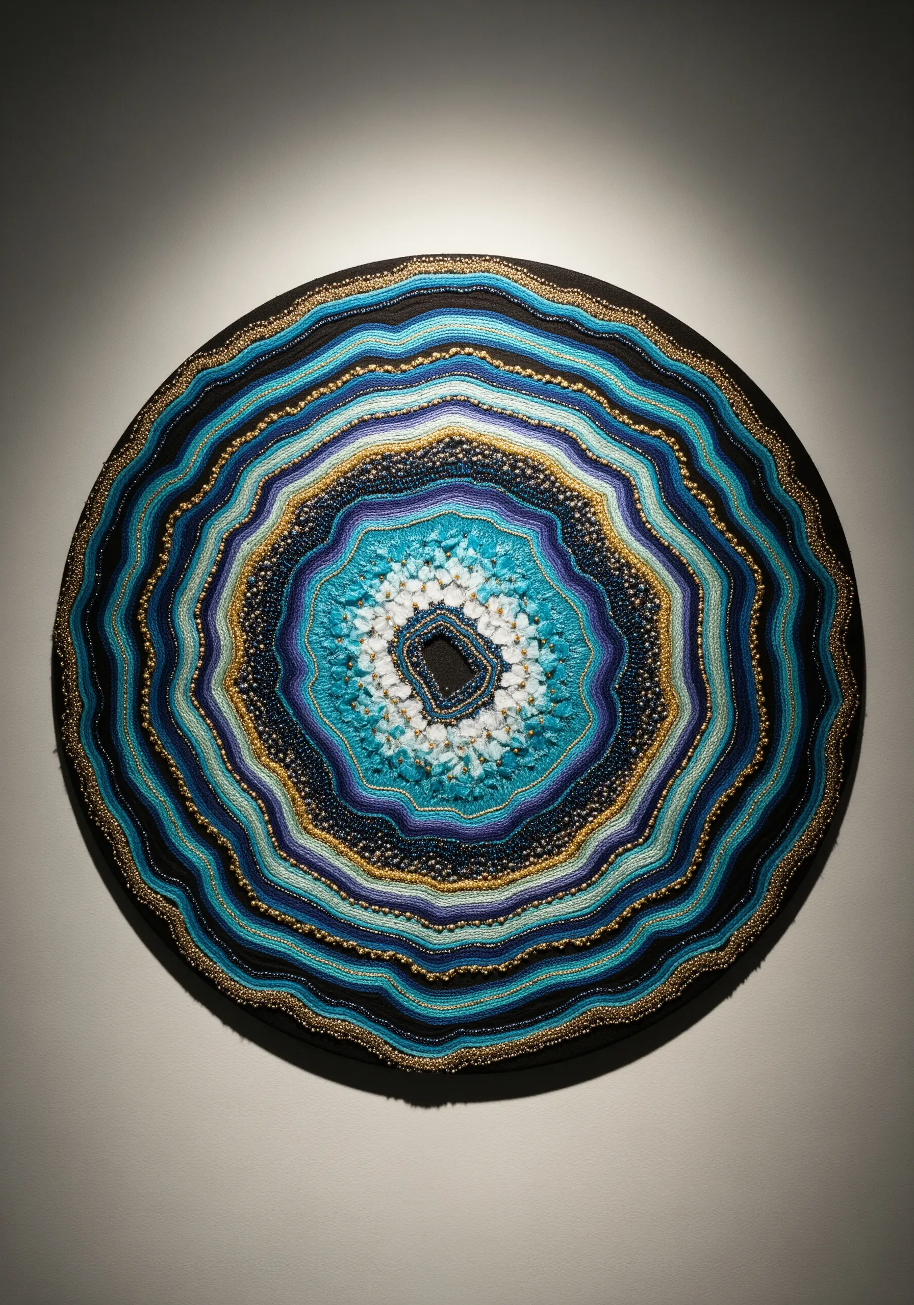 A large, circular embroidery of a geode using beads, metallic thread, and French knots.