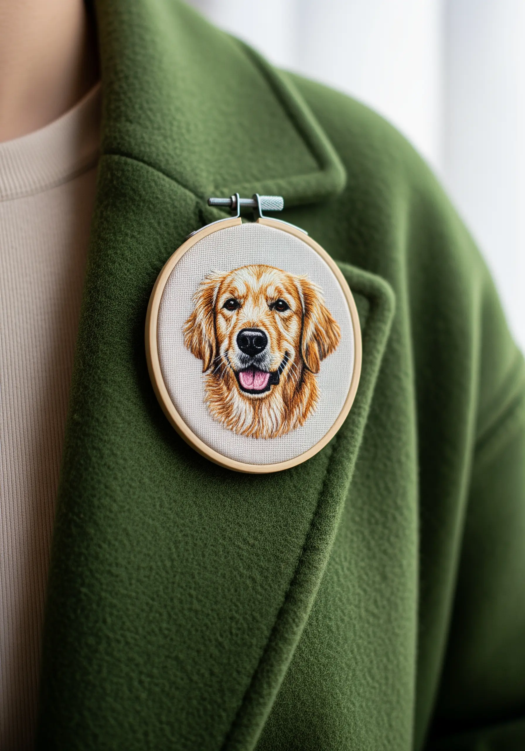 A detailed thread-painted portrait of a golden retriever in a small embroidery hoop, worn as a brooch.
