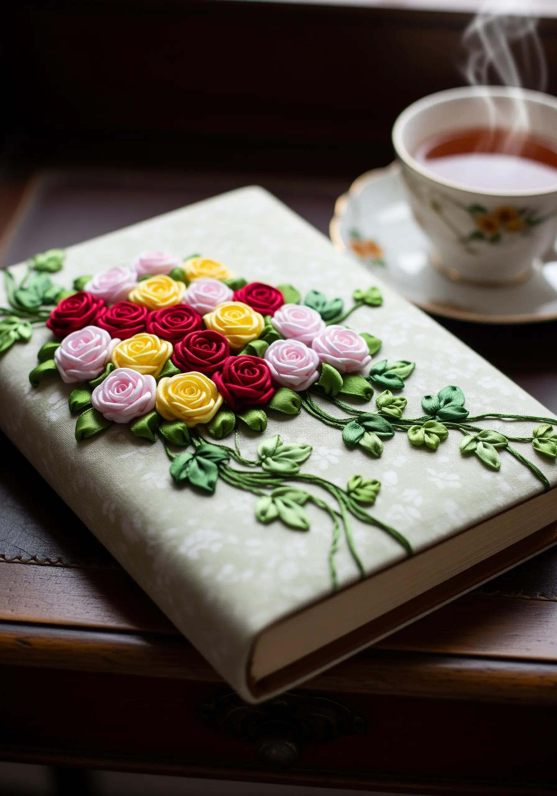 A cluster of miniature ribbon roses in pink, red, and yellow on an embroidered book cover.