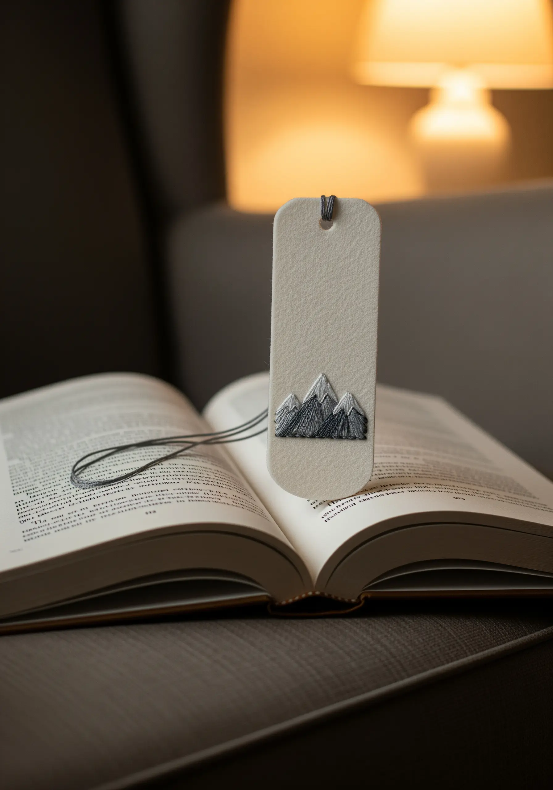 A small bookmark with a densely stitched mountain range in shades of grey.
