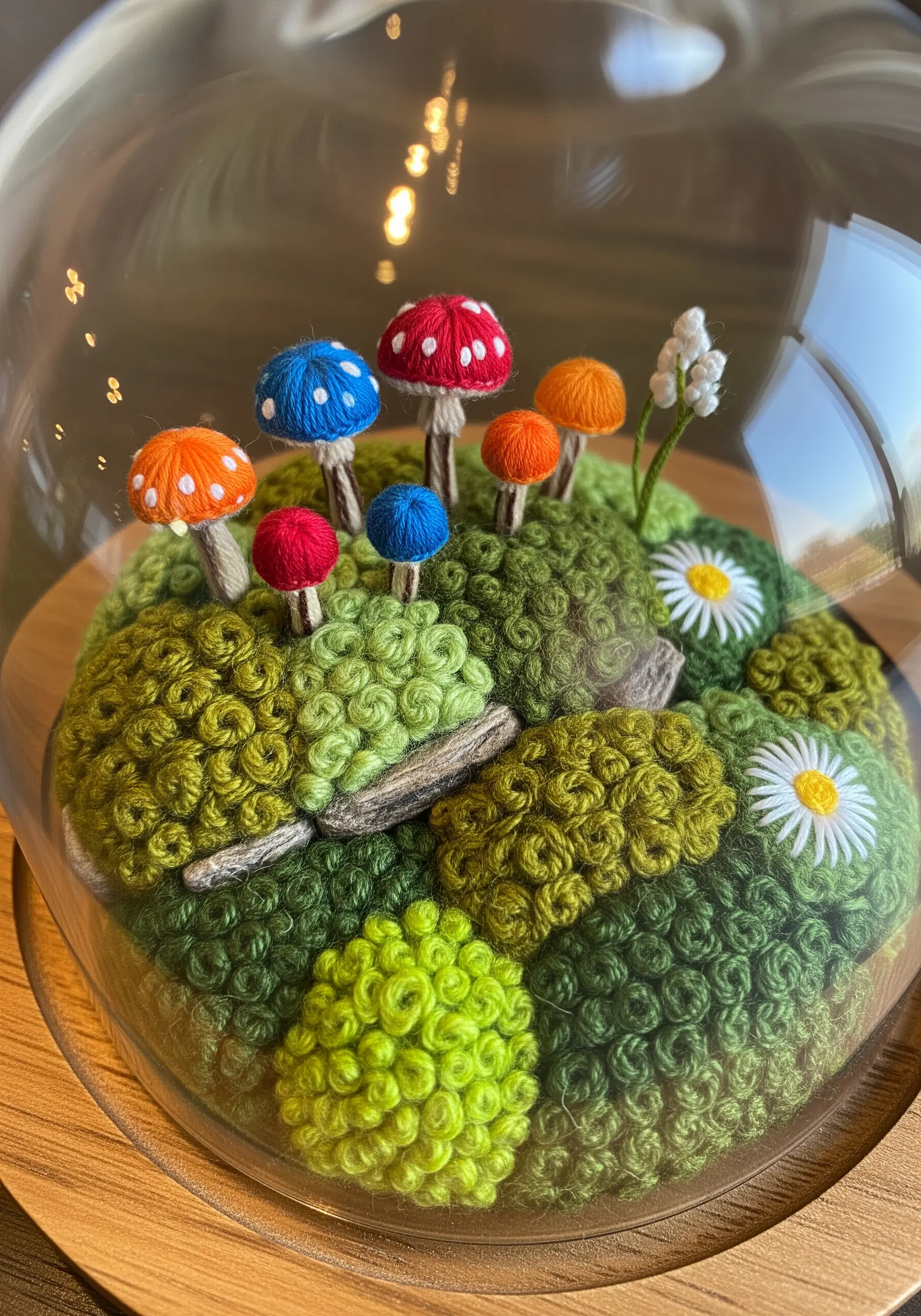 A 3D embroidery diorama of a mossy hill with colorful mushrooms, displayed under a glass cloche.