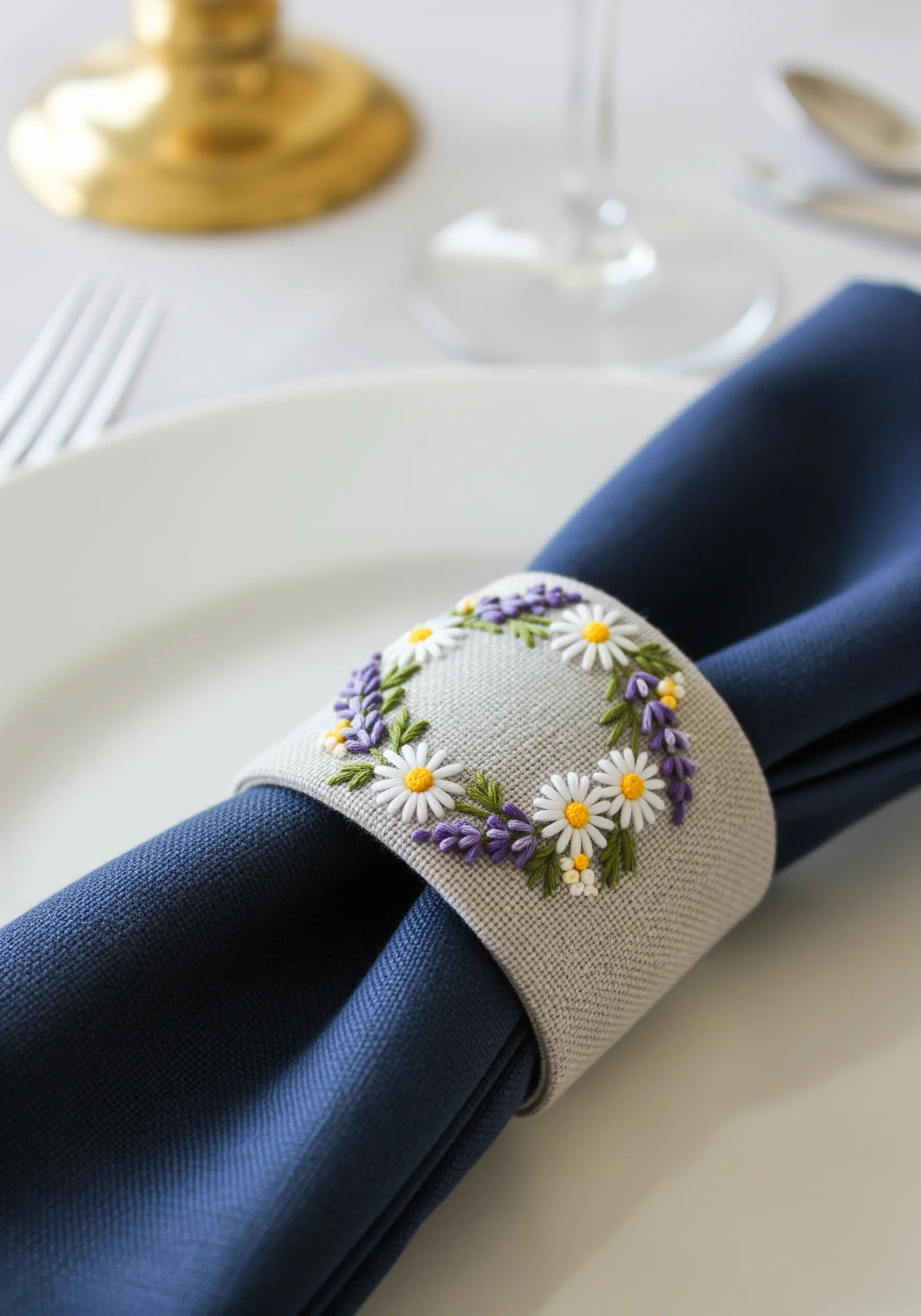 A miniature floral wreath with daisies and lavender on a linen napkin ring.
