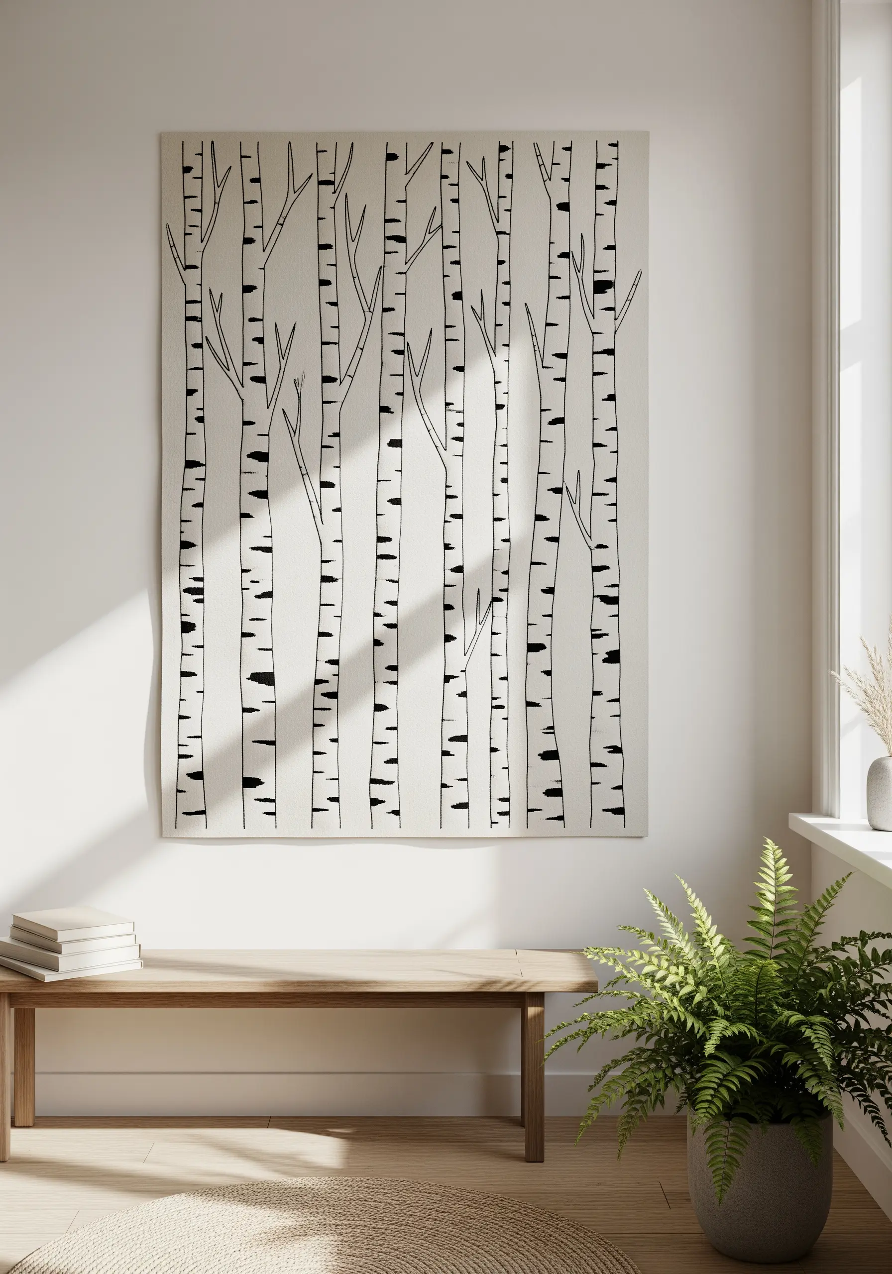 Large-scale monochrome embroidery of birch trees on a canvas wall hanging.