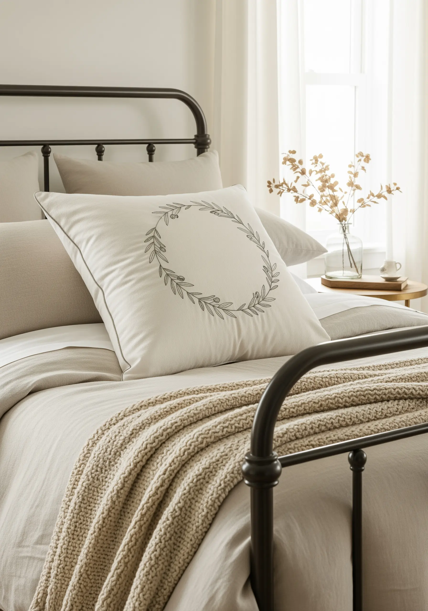 A simple embroidered olive wreath outline on an off-white pillow.