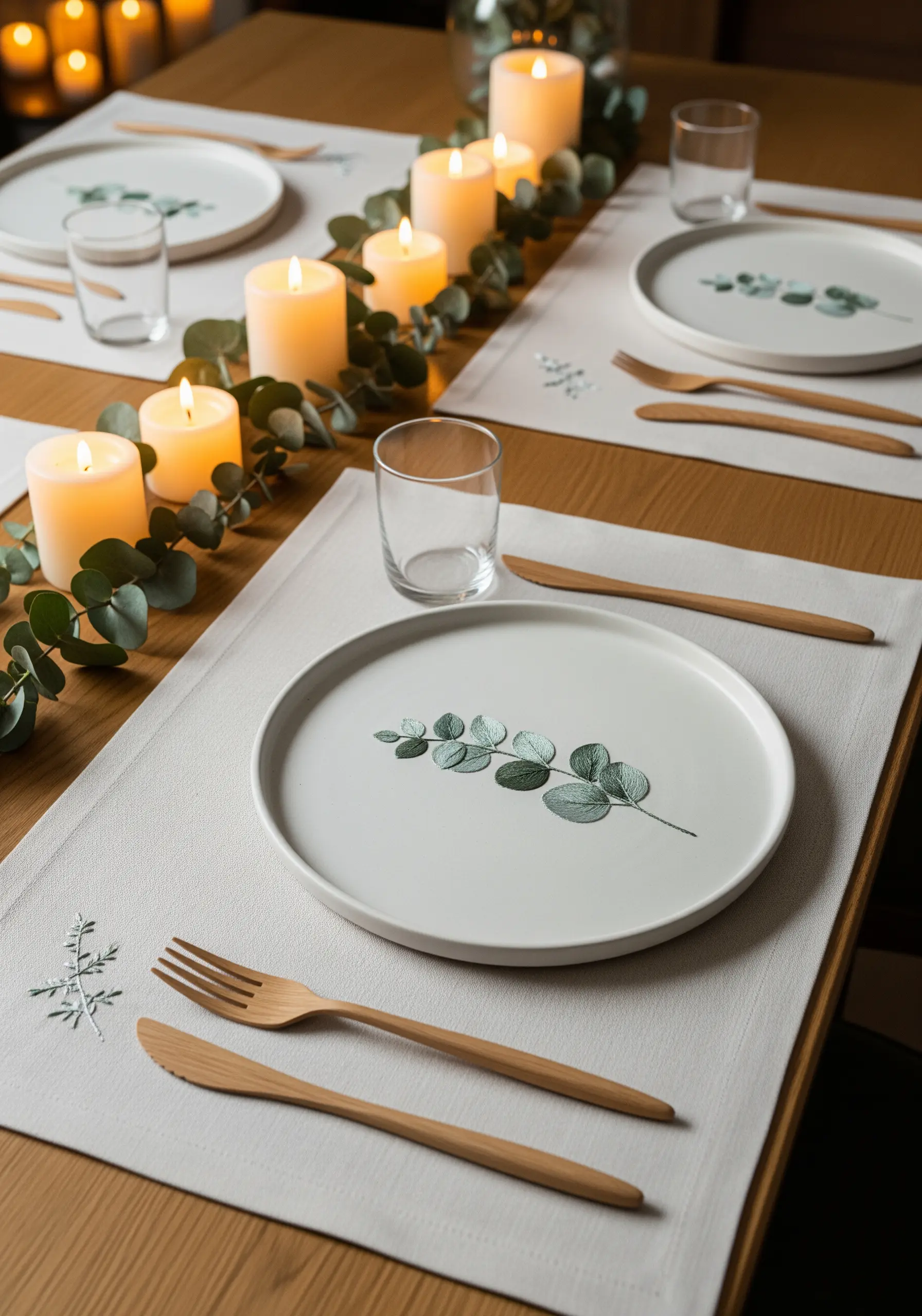 Elegant table setting with a plate featuring an embroidered eucalyptus branch.