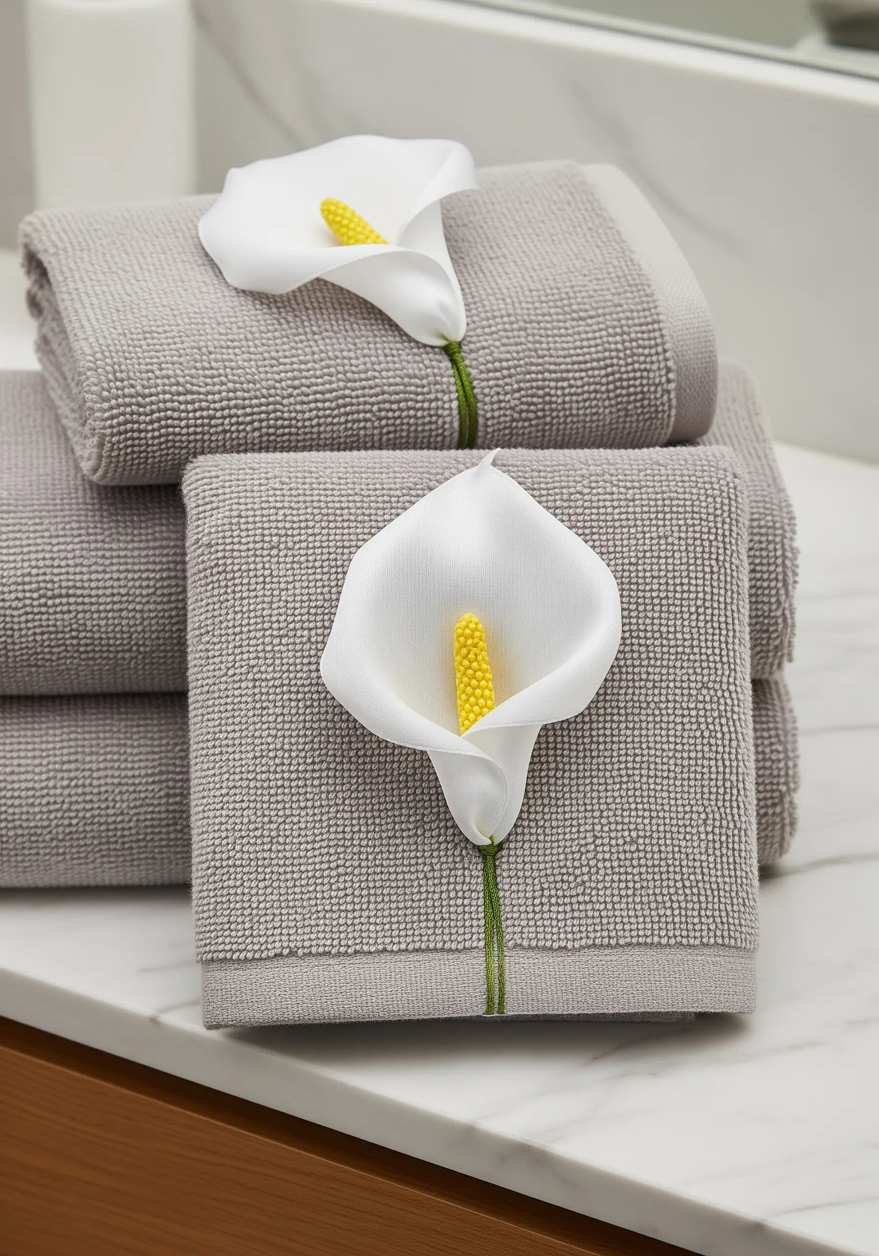 A single, elegant white calla lily made from ribbon, stitched onto a grey textured towel.