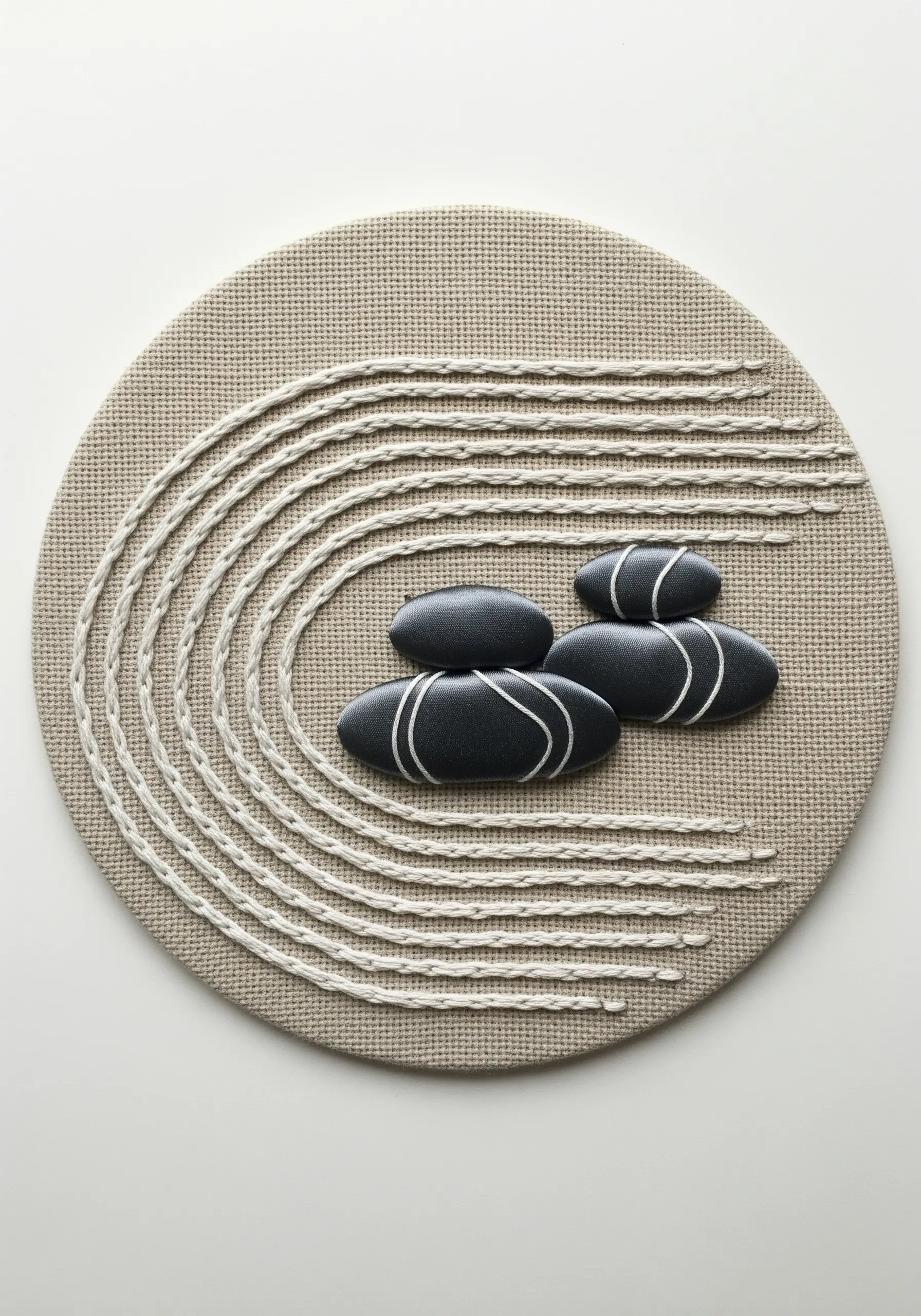 Minimalist embroidery with couched white cord and black stone-shaped appliqué.