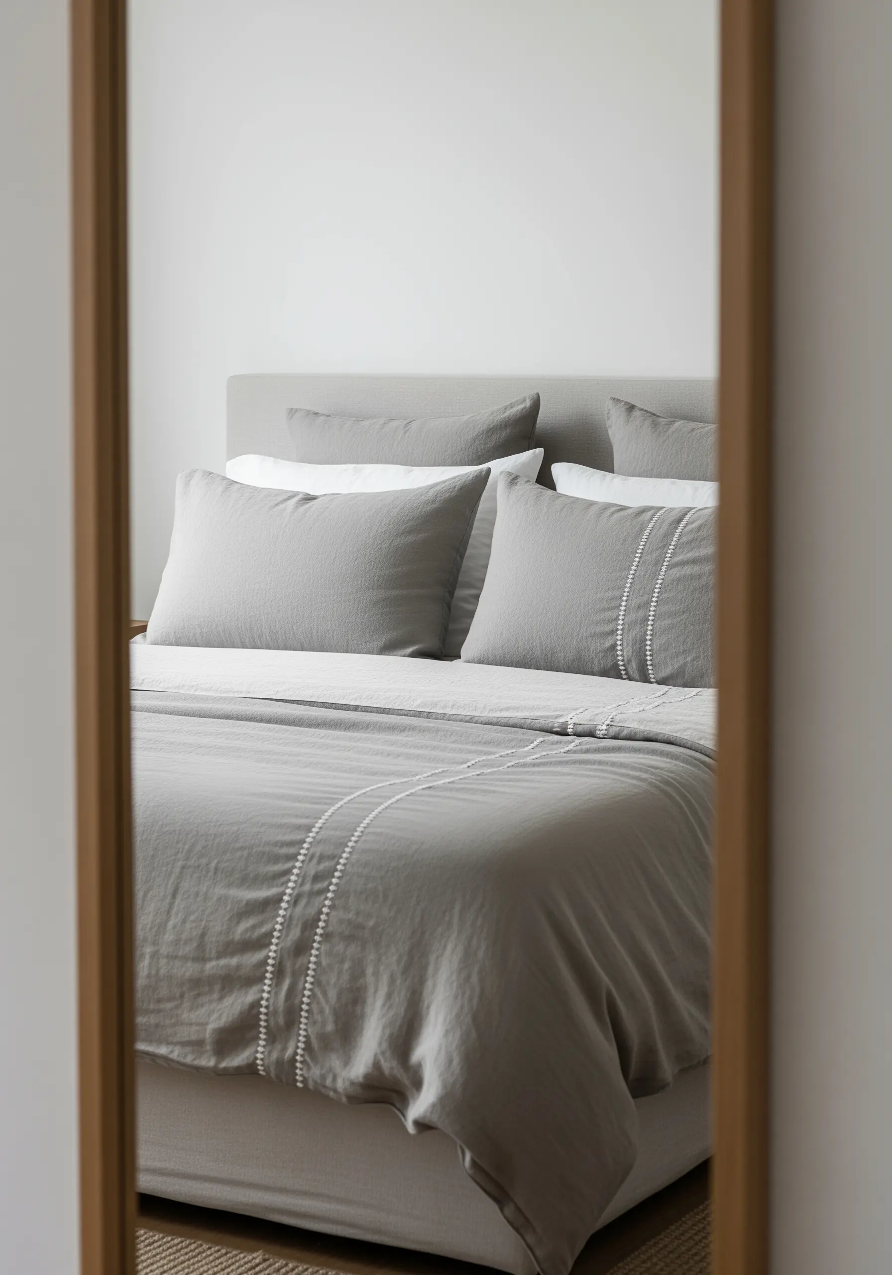 Delicate, spaced white French knots creating parallel lines on grey linen bedding.