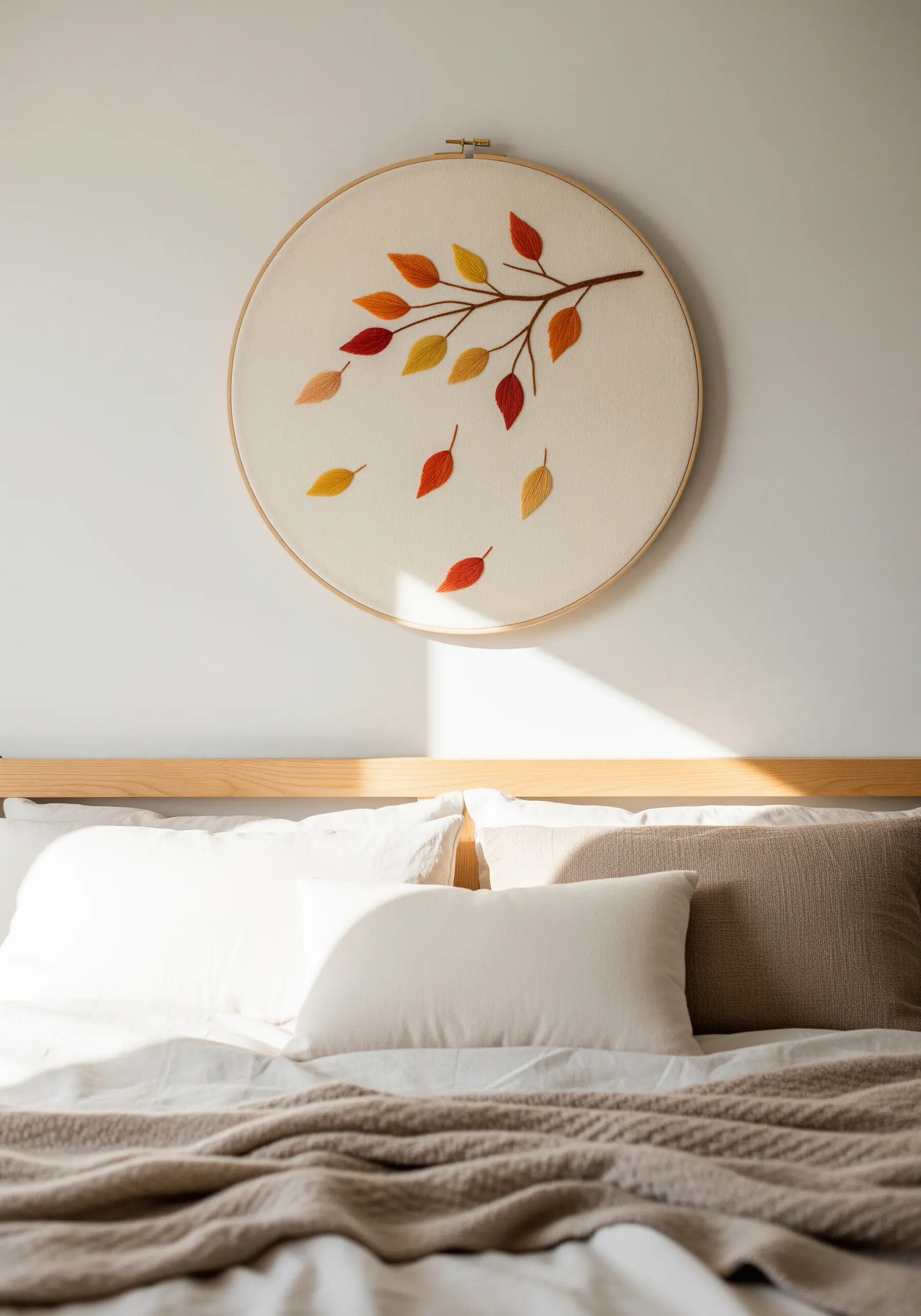 A simple embroidery hoop with a branch and falling autumn leaves in warm tones.