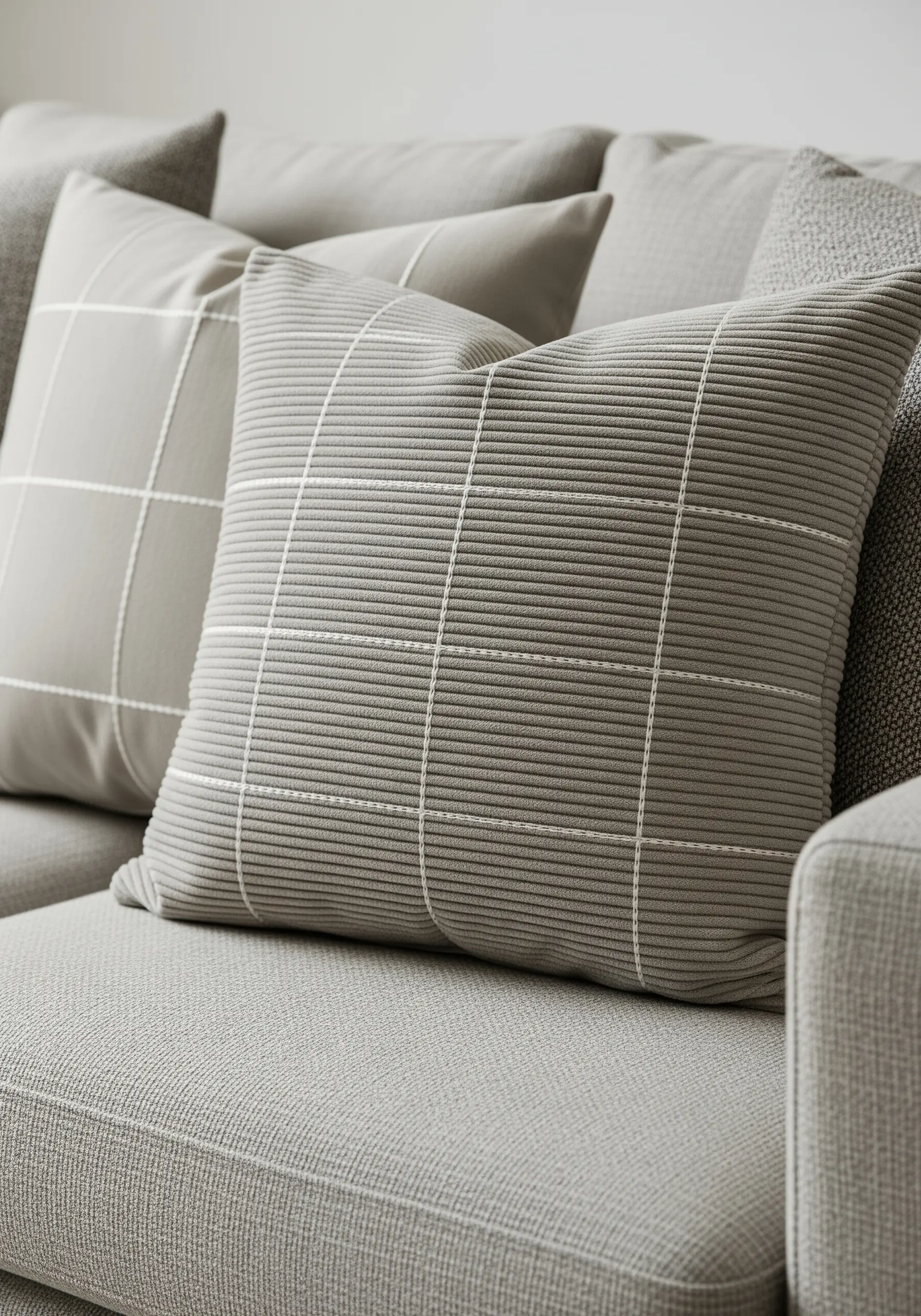 Grey corduroy pillows with a simple windowpane grid stitched in fine white thread.