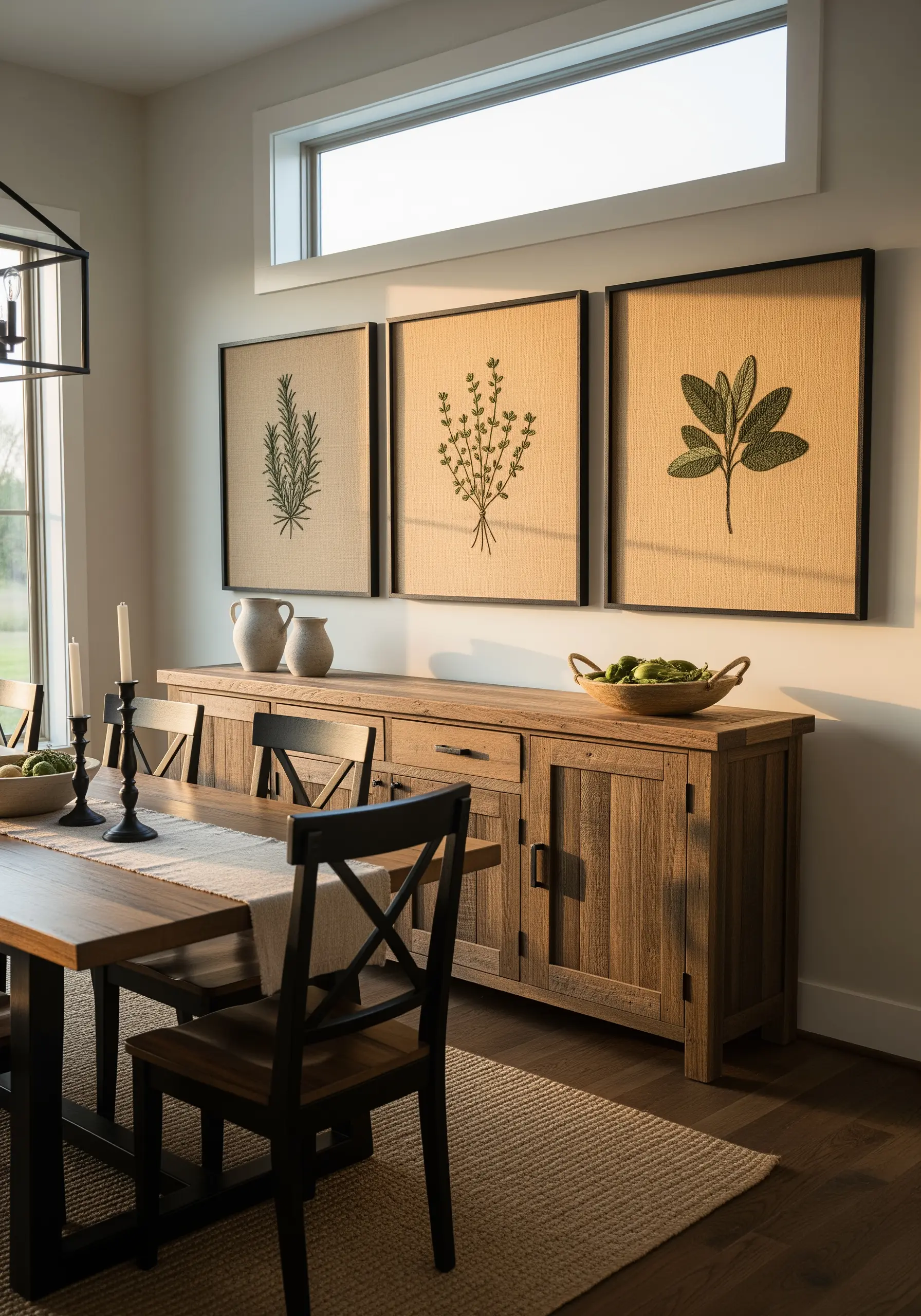 A triptych of framed burlap embroidery featuring minimalist designs of herbs.